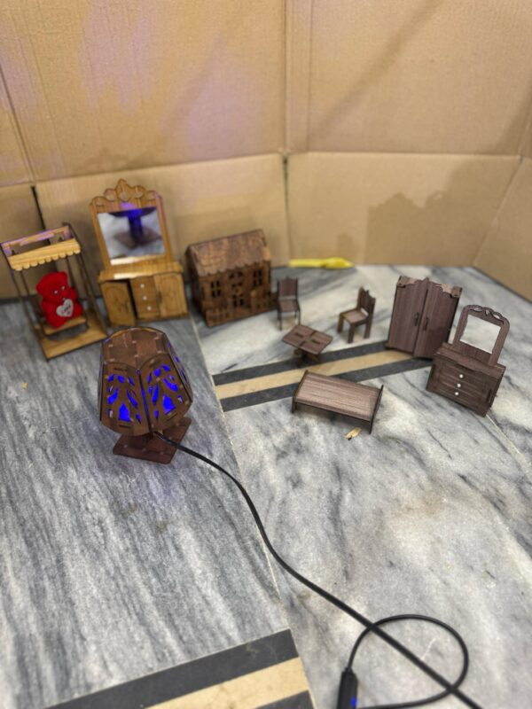 Handcrafted Wooden Dollhouse Mini Furniture Set with LED Lamp – Perfect for Kids & Decor