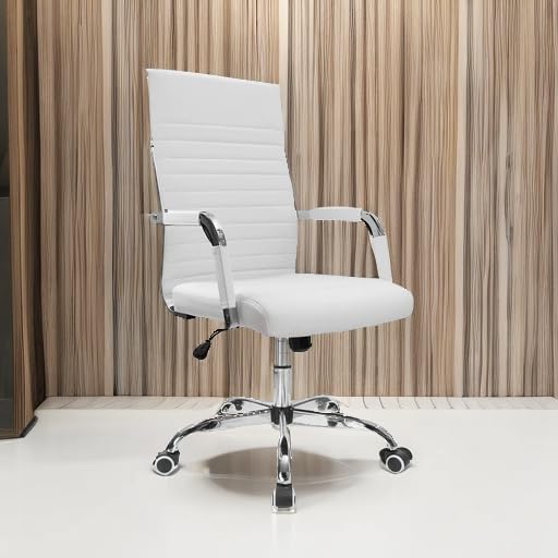 Furmax Ergonomic Office Desk Chair, Executive Ribbed Mid-Back PU Leather Conference Room Chair Adjustable Swivel Chair with Arms (1, White) - Image 4