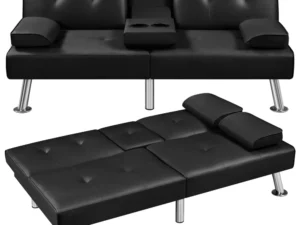 Yaheetech Convertible Sofa Bed Adjustable Couch Sleeper Modern Faux Leather Recliner Reversible Loveseat Folding Daybed Guest Bed, Removable Armrests, Cup Holders, 3 Angles, 772lb Capacity, Black