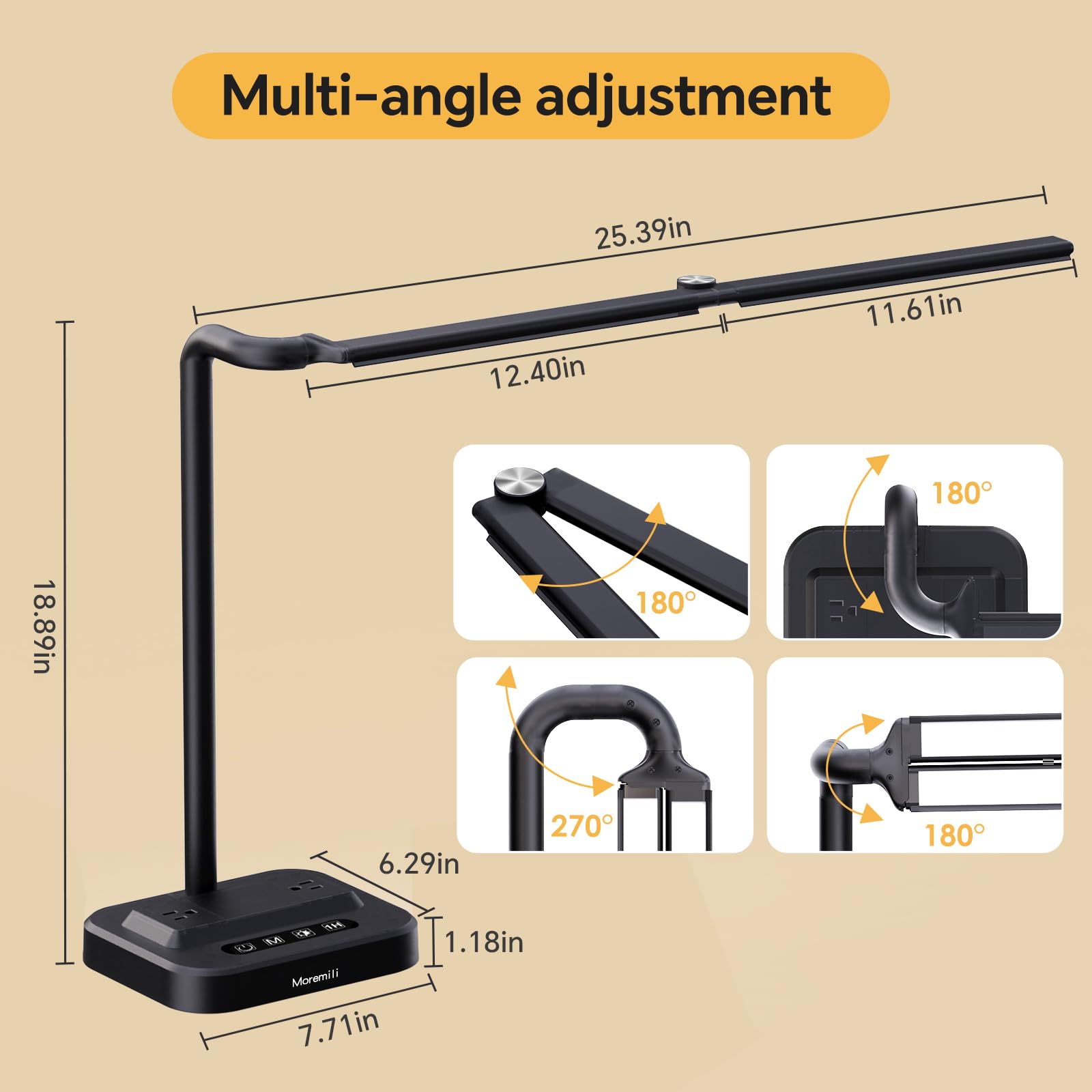 LED Desk Lamp for Home Office: Desk Light Double Head Adjustable with Power Strip 2 AC Outlets, USB-C USB-A Charging Ports Surge Protection, Foldable Table Lamp for College Dorm Room Essentials - Image 3