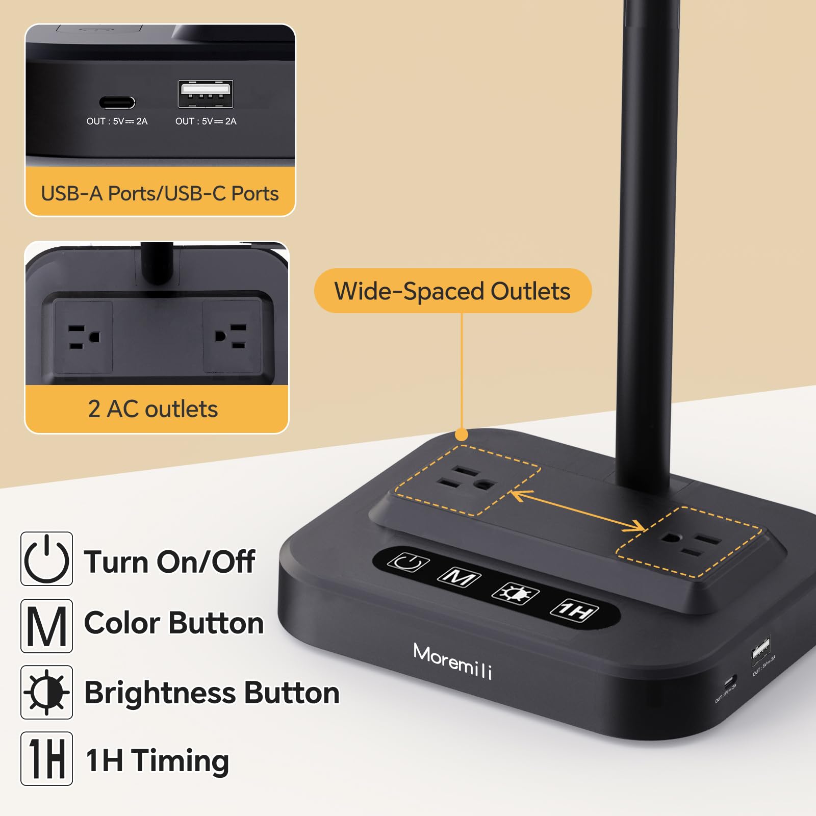 LED Desk Lamp for Home Office: Desk Light Double Head Adjustable with Power Strip 2 AC Outlets, USB-C USB-A Charging Ports Surge Protection, Foldable Table Lamp for College Dorm Room Essentials - Image 5