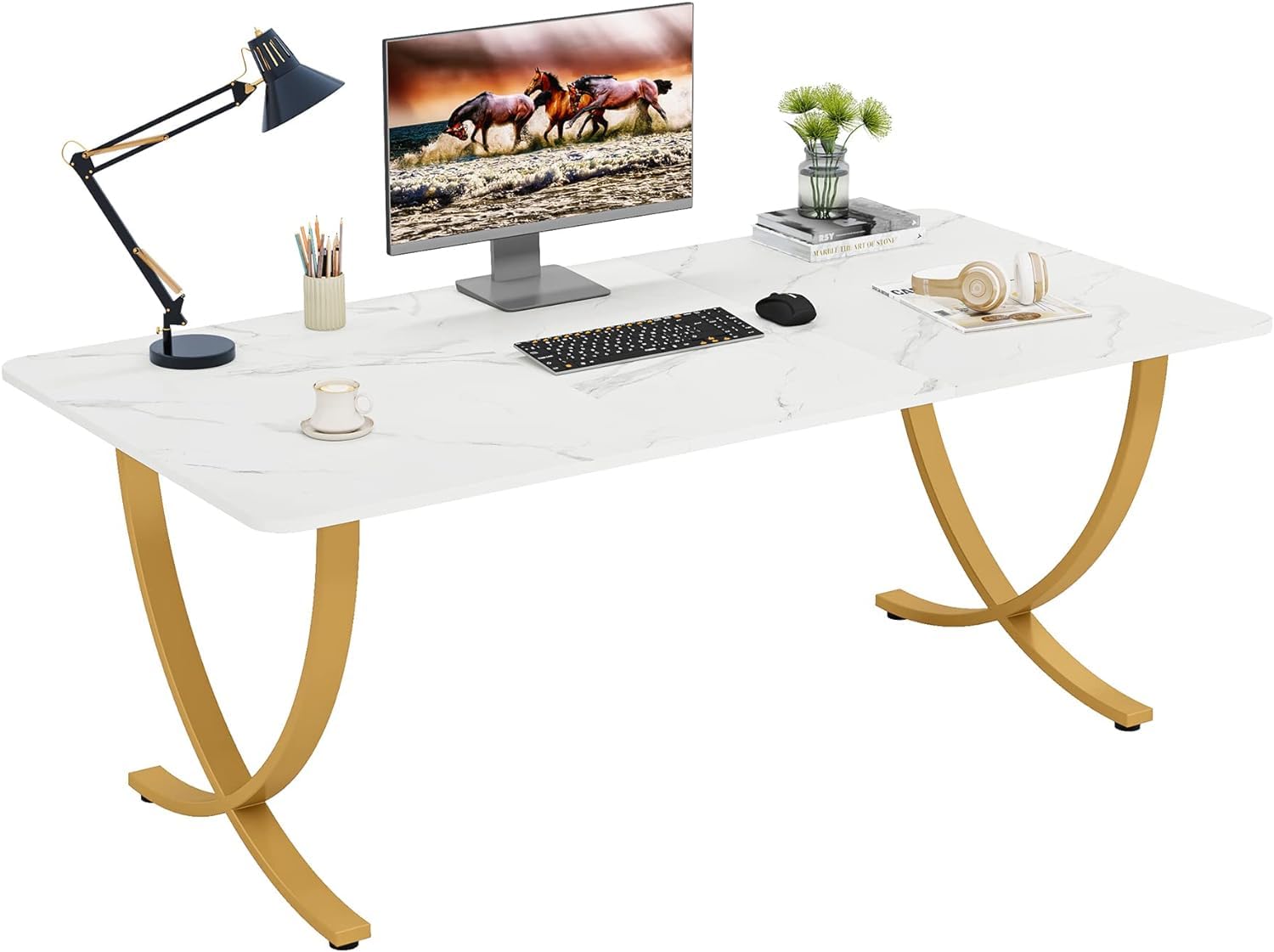 Tribesigns Executive Desk, 63” W x 31.5” D Large Office Desk, Modern Computer Desk Conference Table Meeting Room Table, Business Furniture for Home Office, White and Gold - Image 2