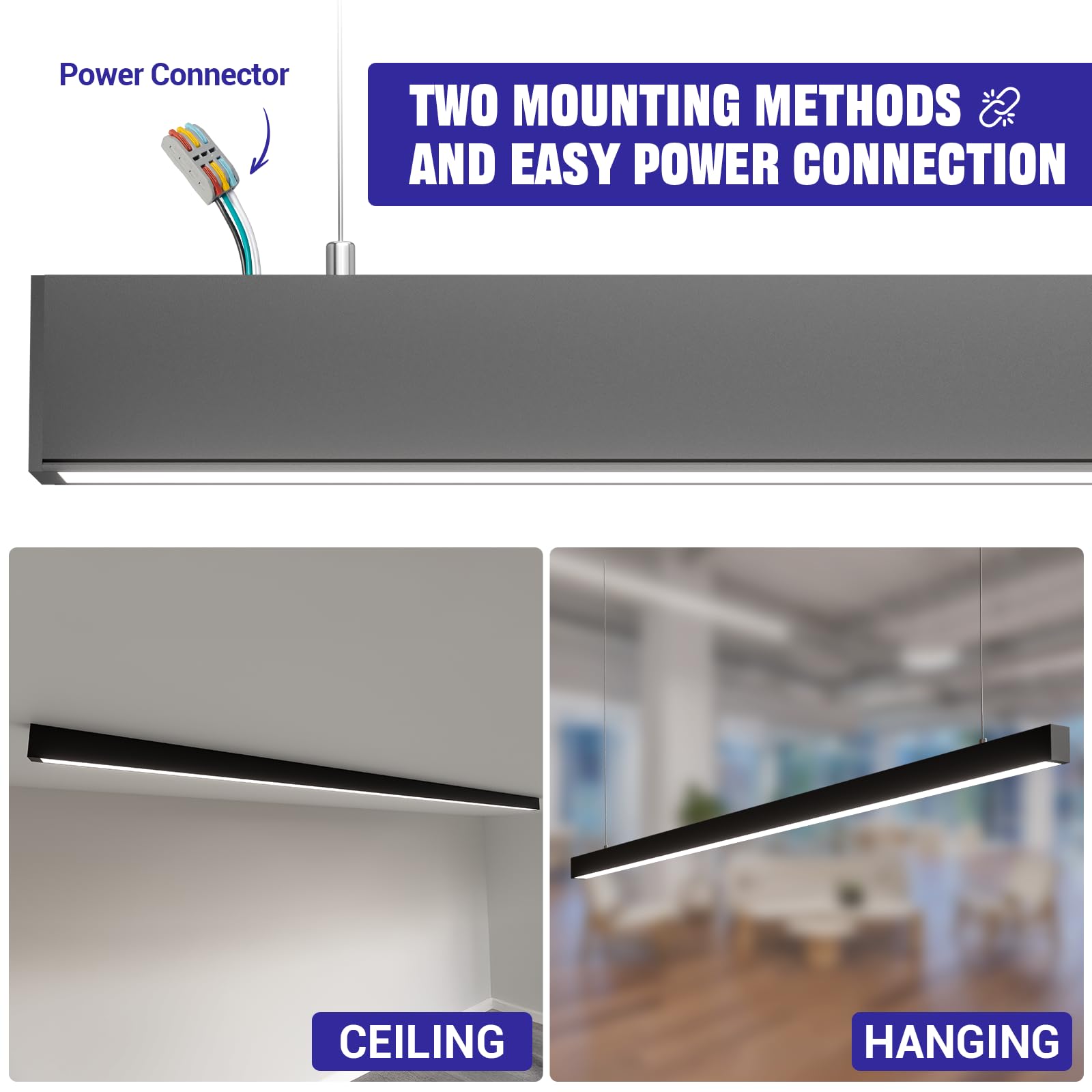 JTT 8FT LED Linear Light Fixture, 60W 3CCT 3000K/4000K/5000K CCT Selectable, Linkable Office Shop Light Fixture, ETL Listed Dimmable Architectural LED Suspension Office Lighting Fixture-4 Pack - Image 4