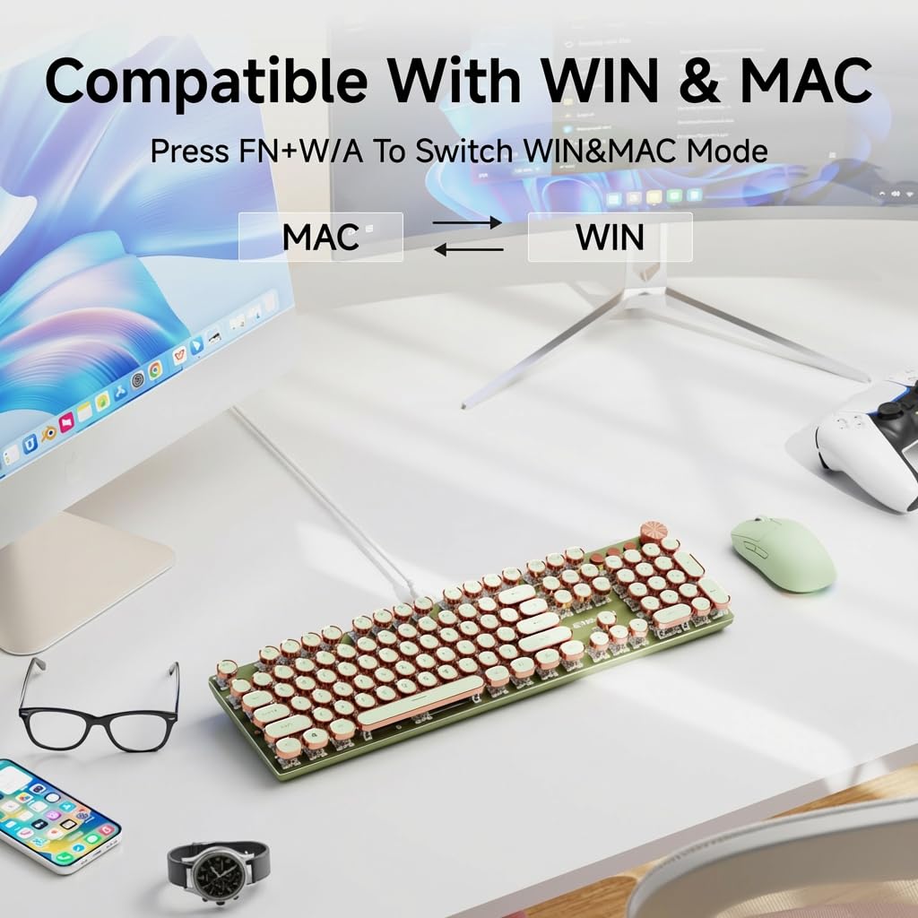 SEUNKWANG EWEADN Typewriter Style Mechanical Keyboard, Wired Typewriter Keyboards,104 Keys Backlit LED Metal Keyboards, Media Control Knob, Wired Computer Keyboard Pink Switch for Windows/PC-Green - Image 4