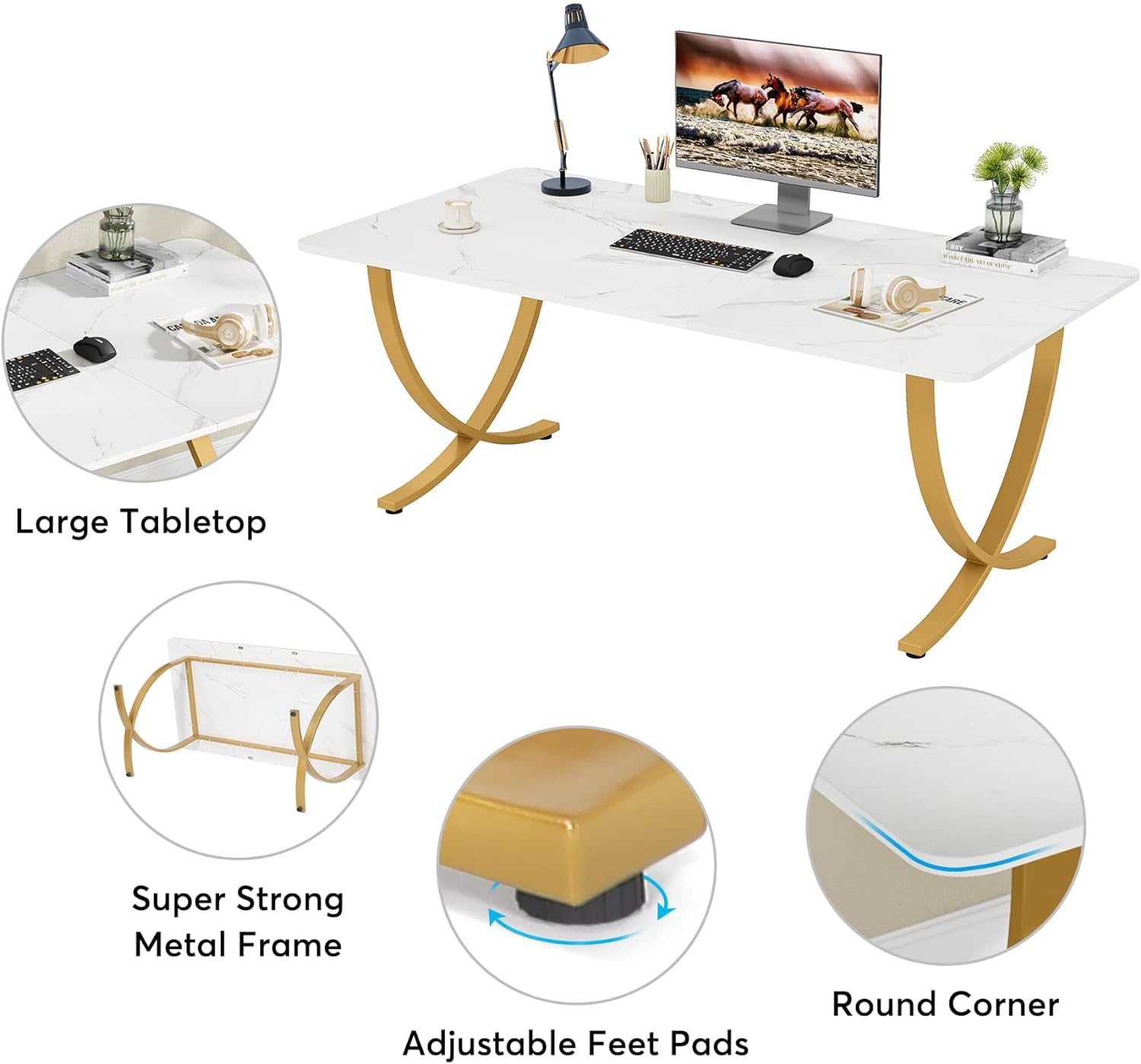 Tribesigns Executive Desk, 63” W x 31.5” D Large Office Desk, Modern Computer Desk Conference Table Meeting Room Table, Business Furniture for Home Office, White and Gold - Image 3