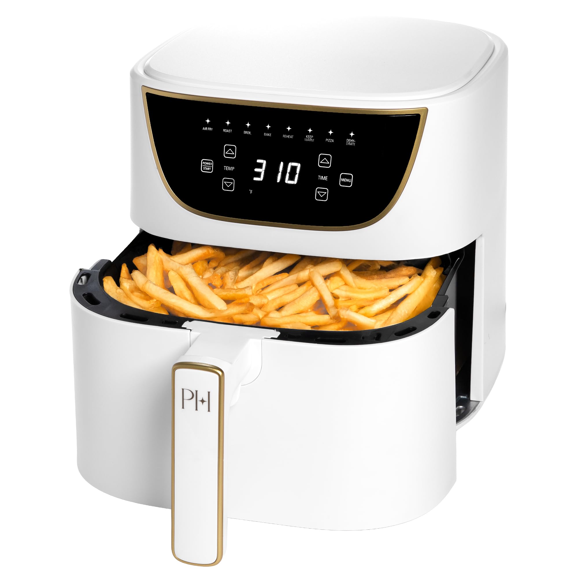 Paris Hilton Air Fryer, Large 6-Quart Capacity, Nonstick Made without PFAS, Touchscreen Display, 8-in-1 (Air Fry, Roast, Broil, Bake, Reheat, Keep Warm, Pizza, Dehydrate), Dishwasher Safe, White