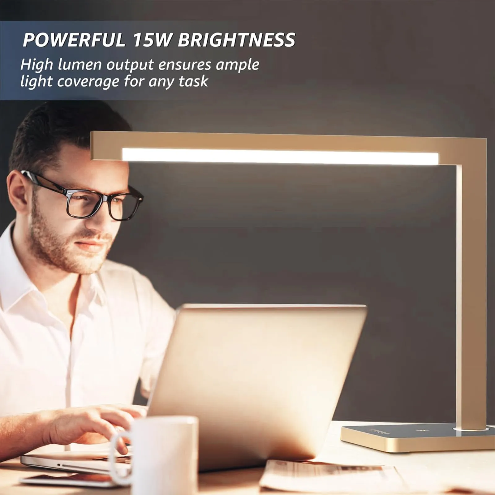 Hengsense Aluminum LED Desk Lamp with Charging Station, Large 15W Table Lamp with Type-C Ports & 4 Color Temperature Modes(3000K-6000K), Dimmable Desk Light for Home Office,Bedroom (Includes Adapter) - Image 9