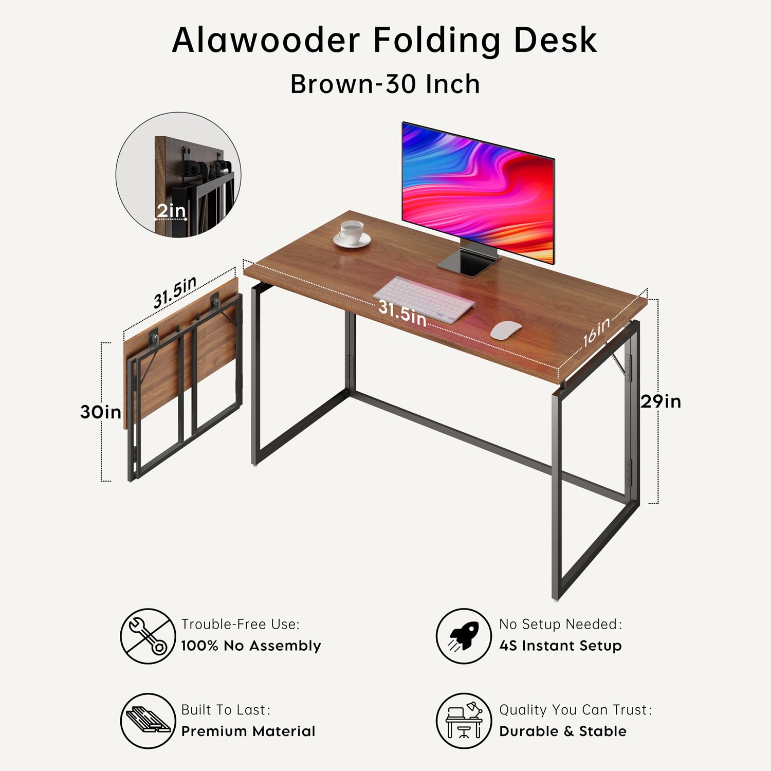 alawooder Folding Desk - 31.5" Wood Top Foldable Desk for Small Spaces | No Assembly Required Compact Desk for Home Office, Writing, and Study - Image 5