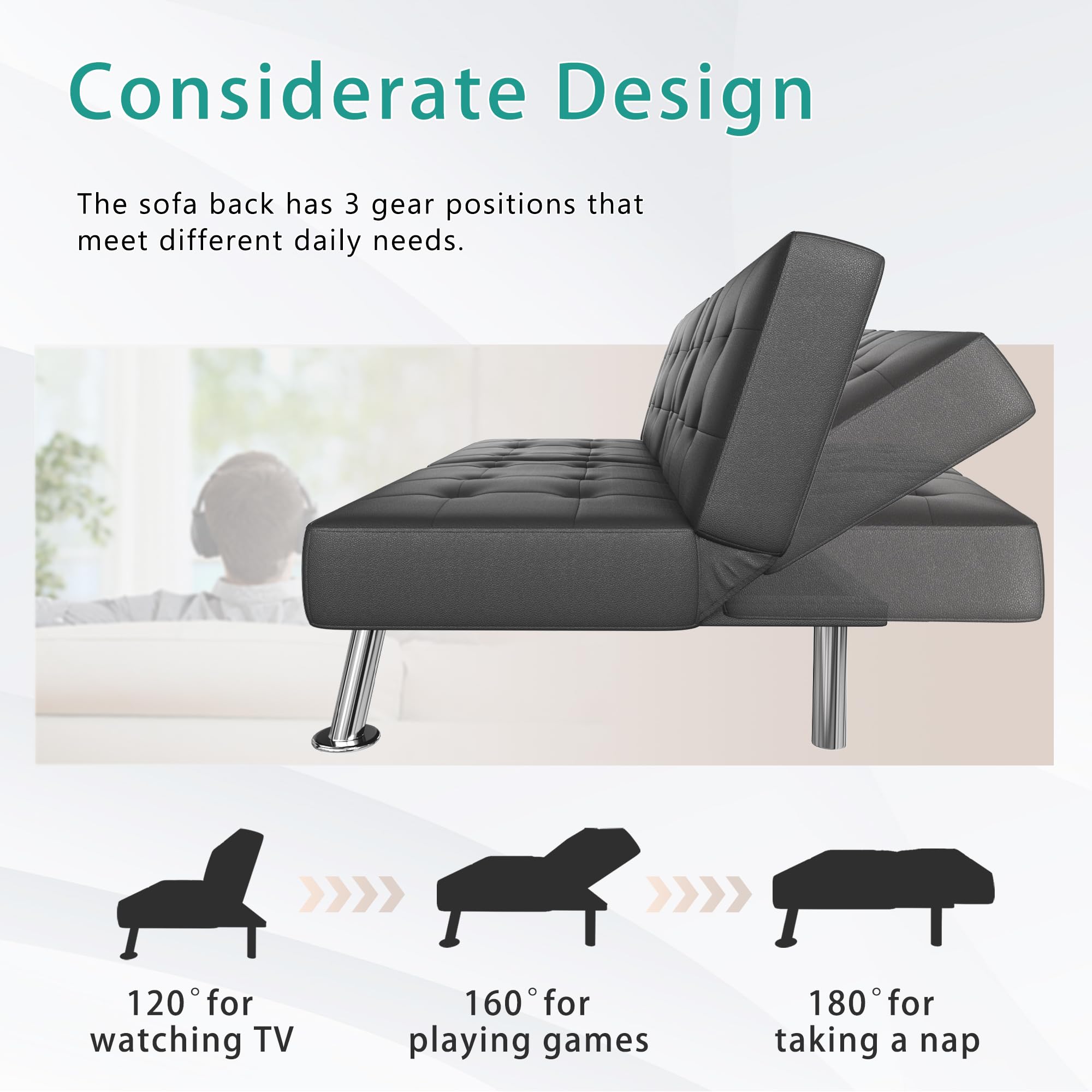 Flamaker Futon Sofa Bed Modern Folding Futon Set Convertible Recliner Lounge for Living Room with 2 Cup Holders, Removable Armrests (PU Leather, Black) - Image 3