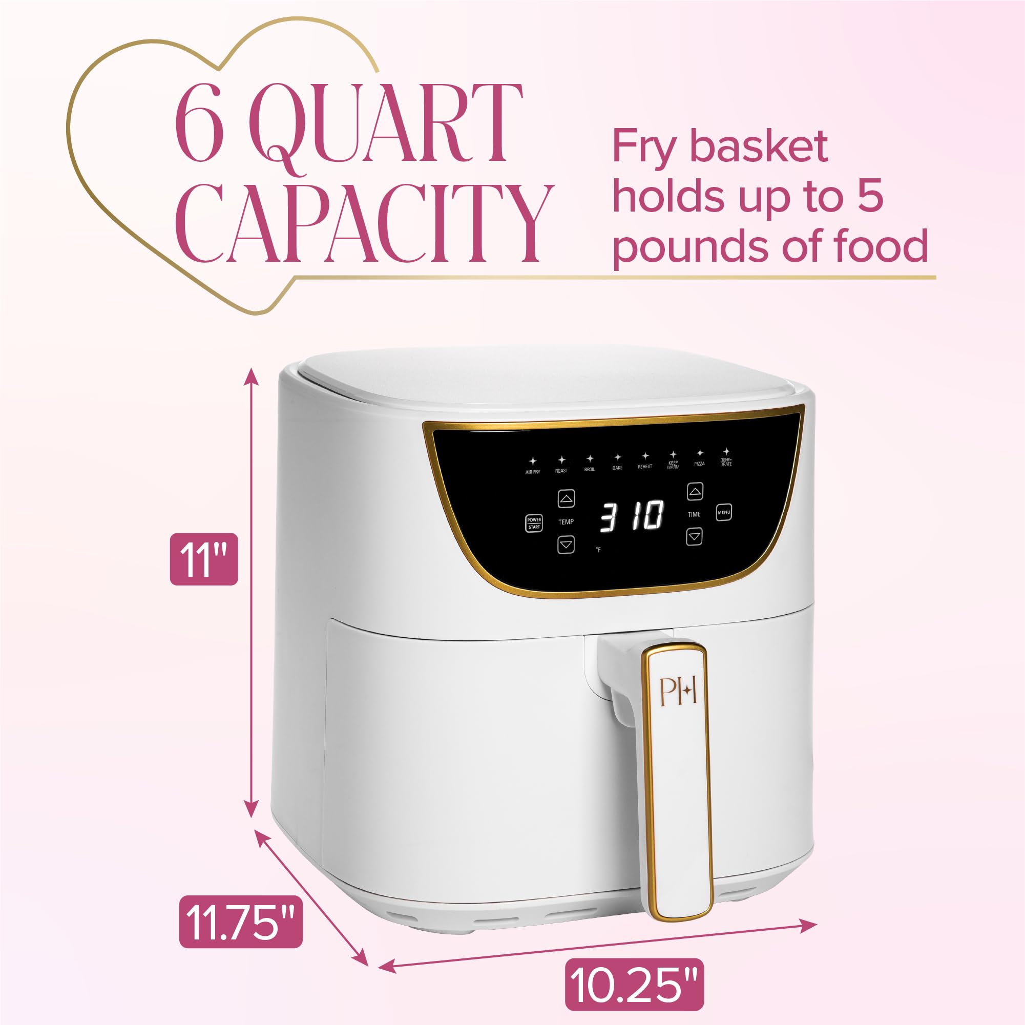 Paris Hilton Air Fryer, Large 6-Quart Capacity, Nonstick Made without PFAS, Touchscreen Display, 8-in-1 (Air Fry, Roast, Broil, Bake, Reheat, Keep Warm, Pizza, Dehydrate), Dishwasher Safe, White - Image 3