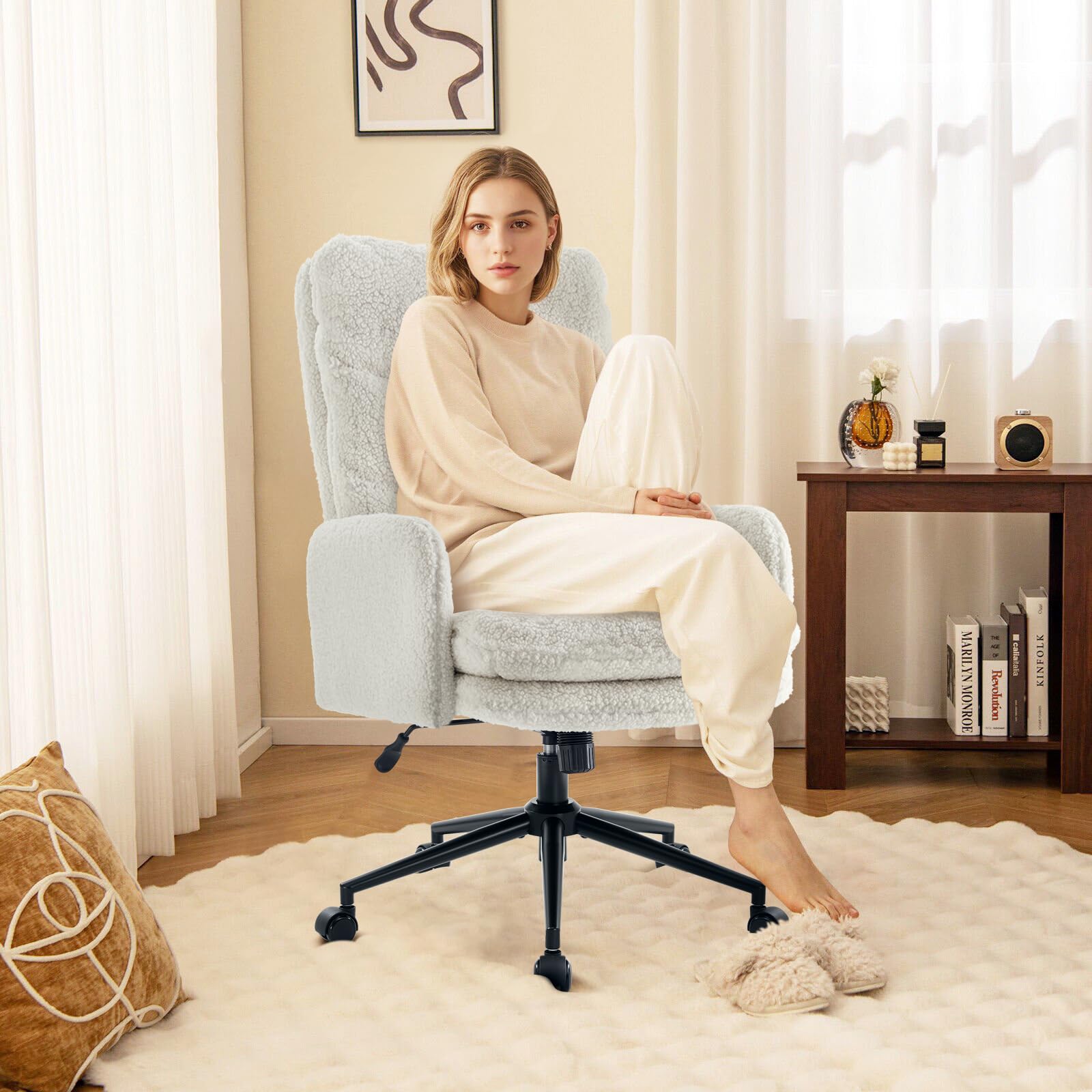 IWMH High-Back Home Office Chair,Upholstered Desk Chair with Armrests,Height Adjustable Armchair with Wheels, Swivel Office Desk Chair, Ergonomic Computer Task Chair, Leisure Armchair Cashmere(White) - Image 7