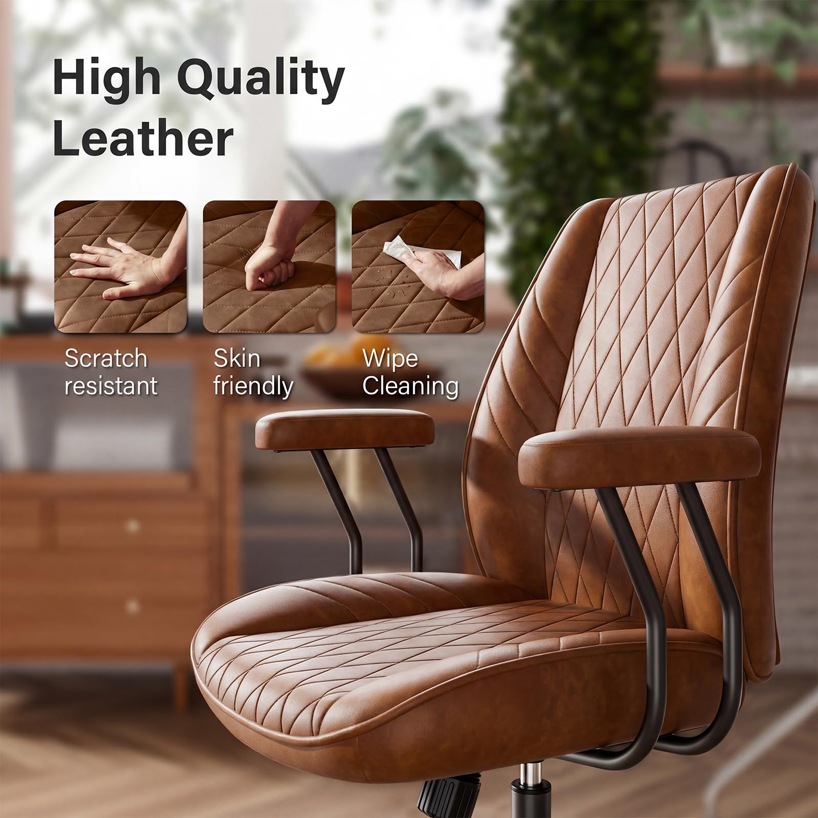 JULYMON Brown Leather Office Desk Chair with Quiet Rubber Wheels, Height Adjustable, Padded Arms, Vintage Mid Century Office Chair, Retro Style Desk Chair - Image 3