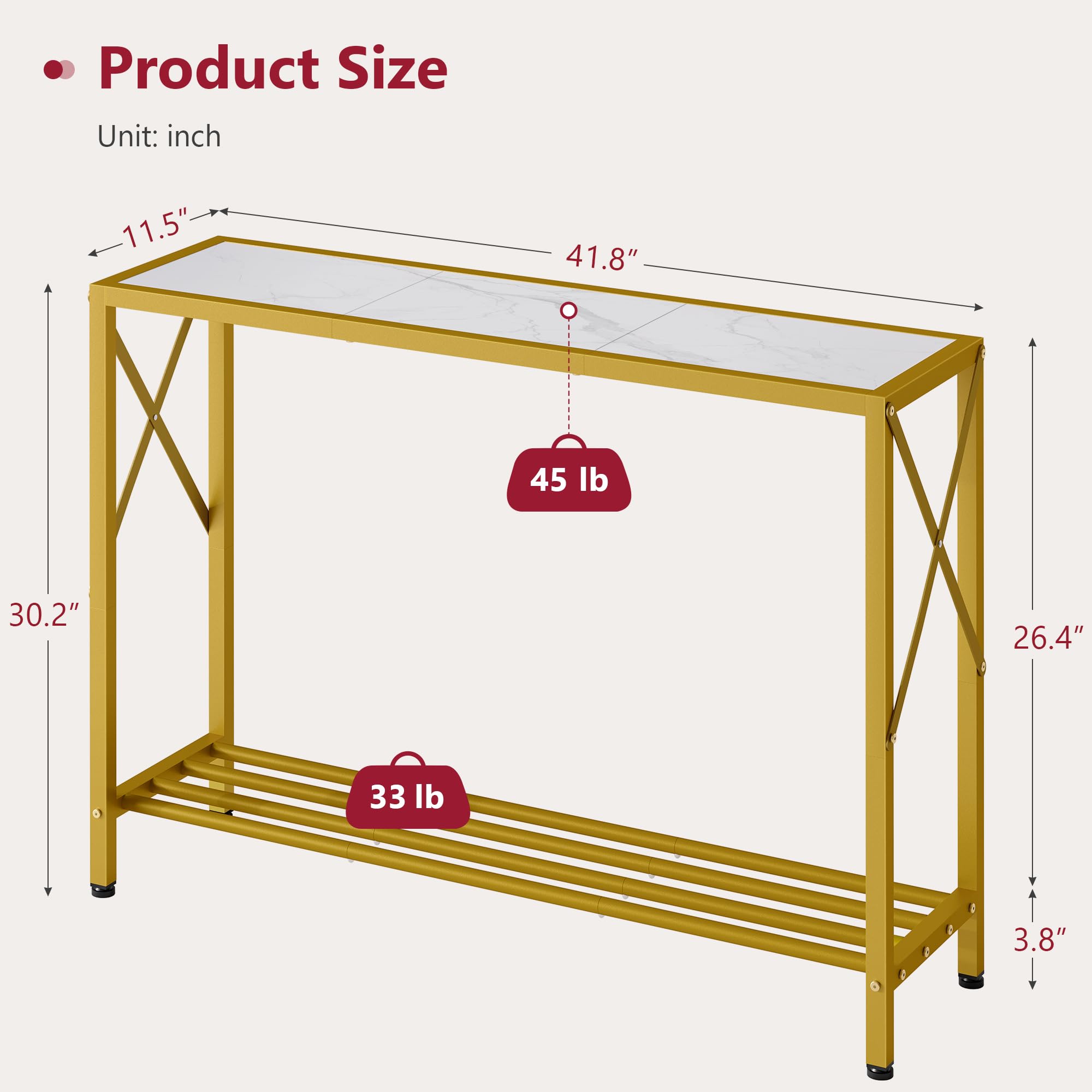 Stunning Gold White 2 Tier Entryway Console Table with Shelves 41.8 Inch Narrow Sofa Table - Image 6