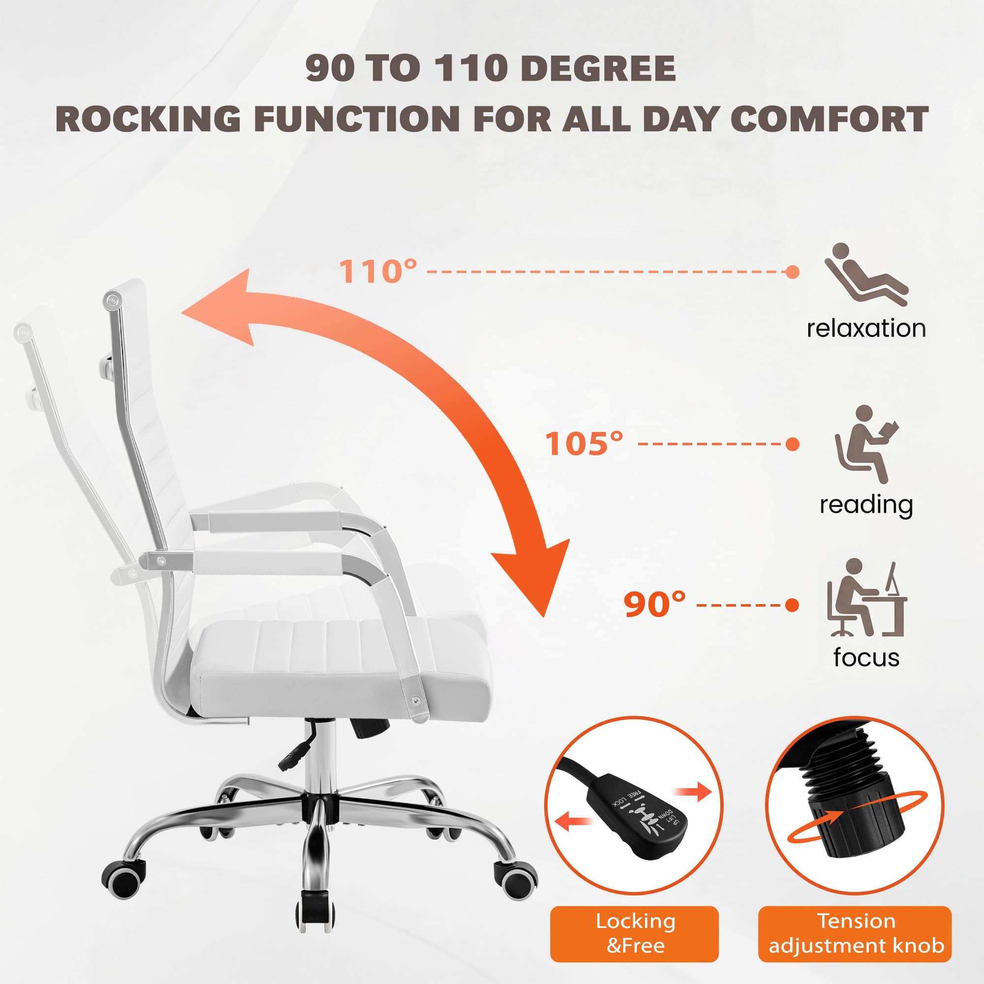 Furmax Ergonomic Office Desk Chair, Executive Ribbed Mid-Back PU Leather Conference Room Chair Adjustable Swivel Chair with Arms (1, White) - Image 3