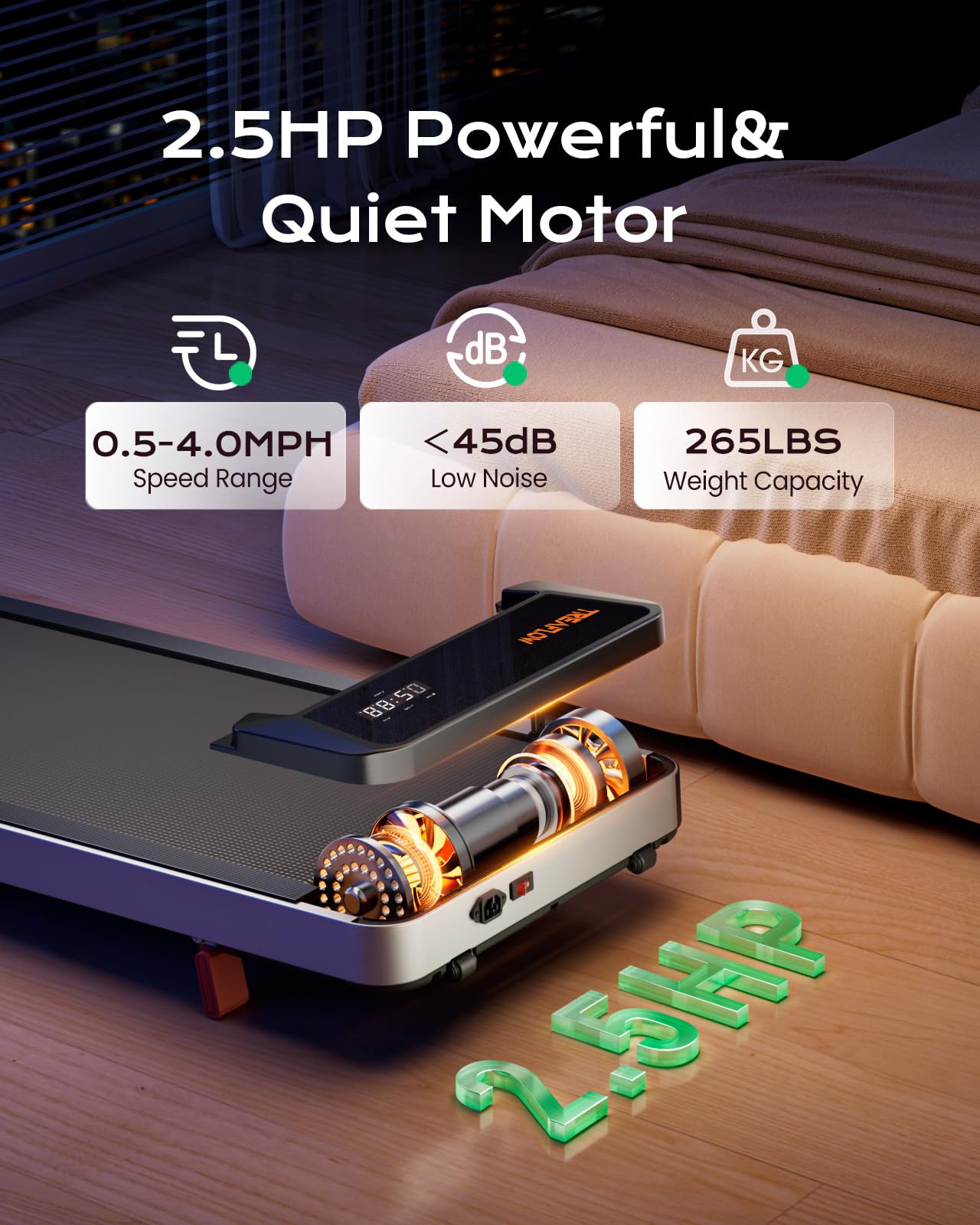 TREAFLOW Walking Pad,Treadmill with Incline for Home Office, 2.5HP Portable Under Desk Treadmill with 265 Lbs Capacity,Remote Control, Led Display, Silver - Image 6