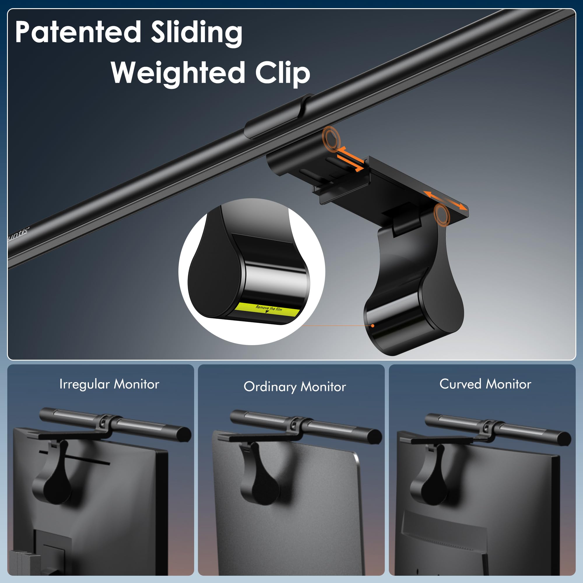 Quntis Monitor Light Bar with Remote, 20.1'' Dual Light Screen Light Bar, Sliding Weighted Clip Fit for All Screens, Adjustable Stepless Dimming, Eye Caring No Glare Gaming Work Desk Lamp, Gray - Image 7