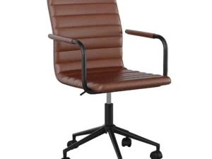 Martha Stewart Taytum Swivel Task Chair with Armrests for Home Office in Saddle Brown Faux Leather with Oil Rubbed Bronze Frame