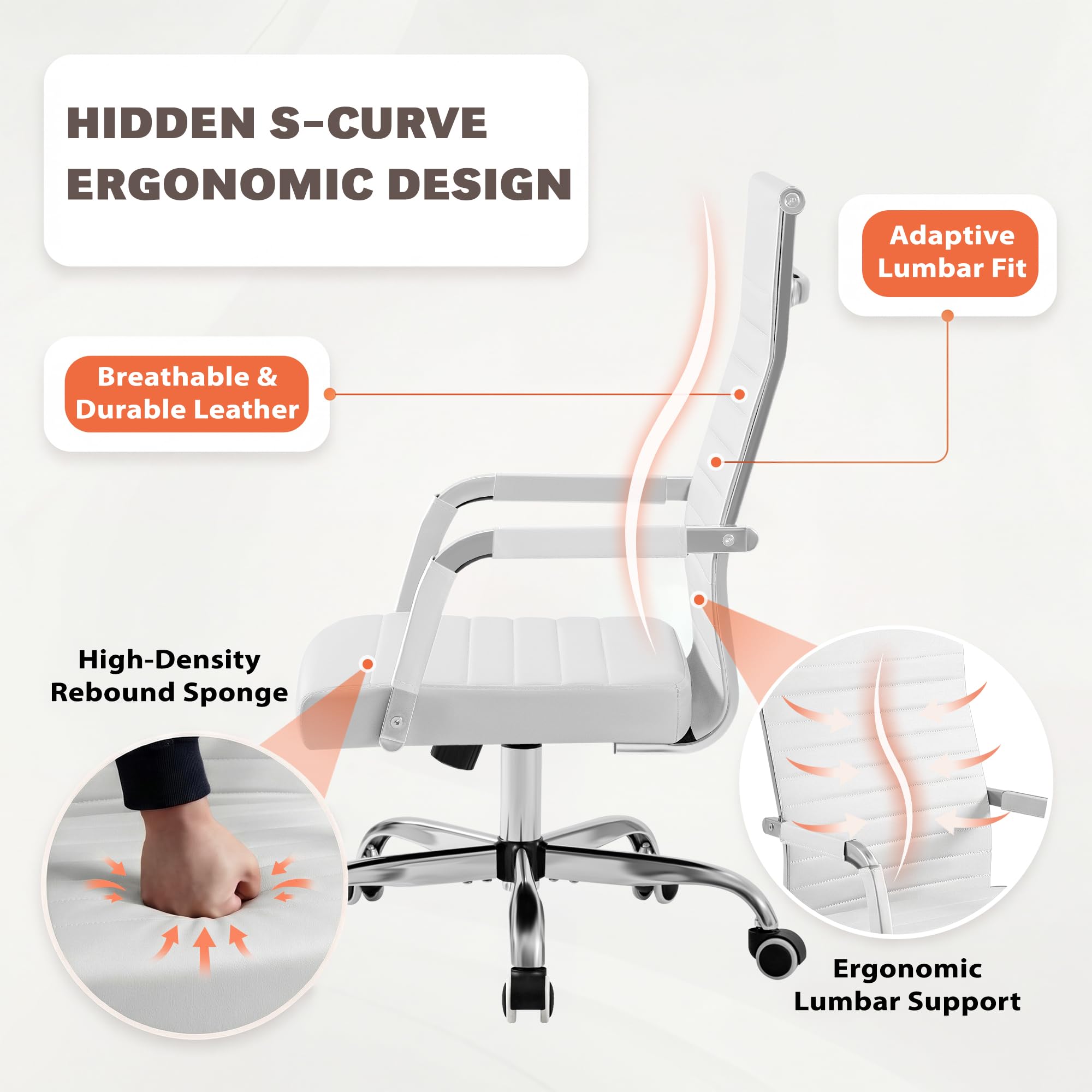 Furmax Ergonomic Office Desk Chair, Executive Ribbed Mid-Back PU Leather Conference Room Chair Adjustable Swivel Chair with Arms (1, White) - Image 6