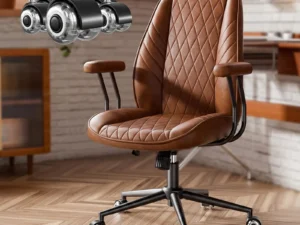 JULYMON Brown Leather Office Desk Chair with Quiet Rubber Wheels, Height Adjustable, Padded Arms, Vintage Mid Century Office Chair, Retro Style Desk Chair