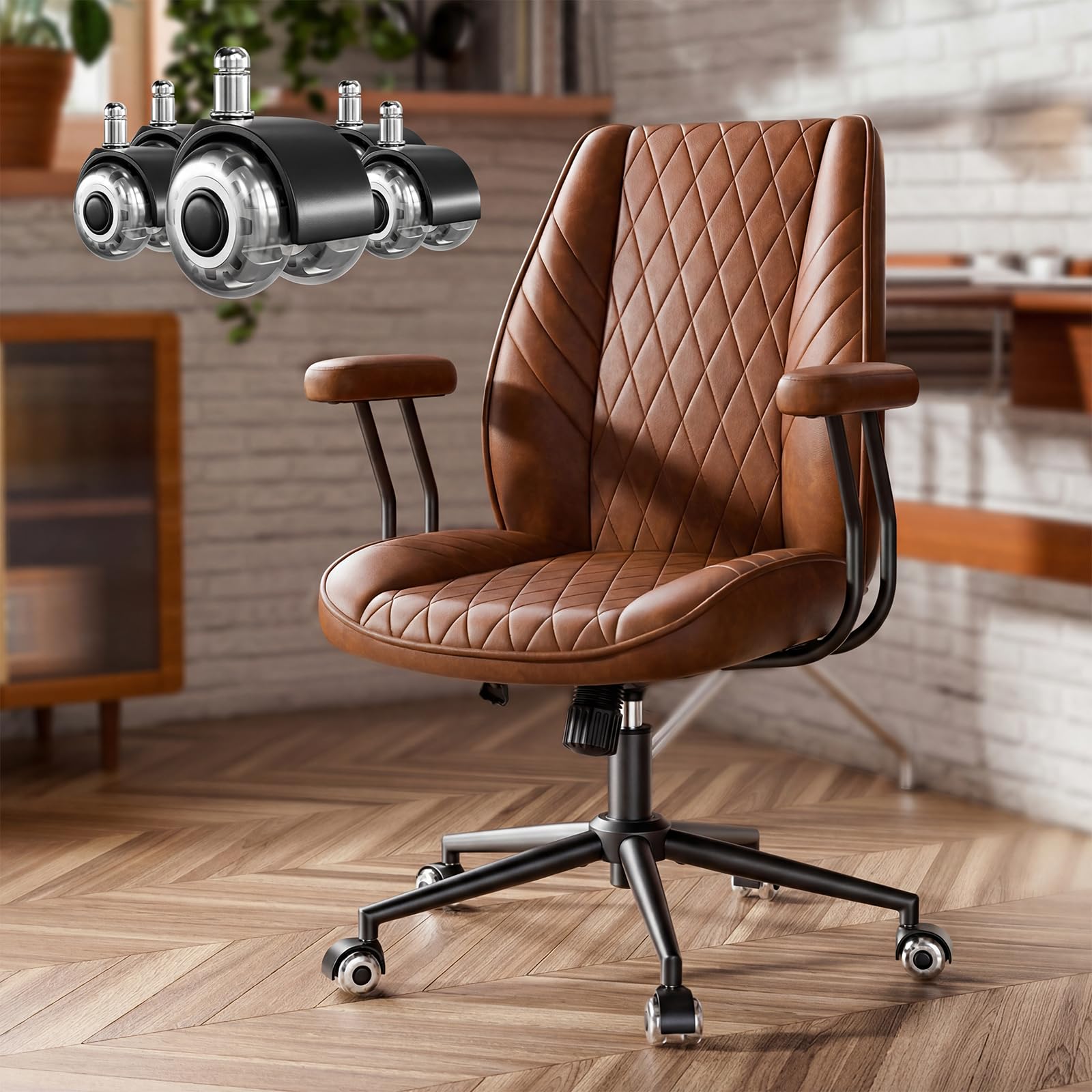 JULYMON Brown Leather Office Desk Chair with Quiet Rubber Wheels, Height Adjustable, Padded Arms, Vintage Mid Century Office Chair, Retro Style Desk Chair