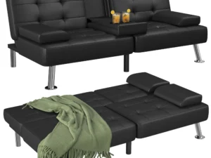 Flamaker Futon Sofa Bed Modern Folding Futon Set Convertible Recliner Lounge for Living Room with 2 Cup Holders, Removable Armrests (PU Leather, Black)