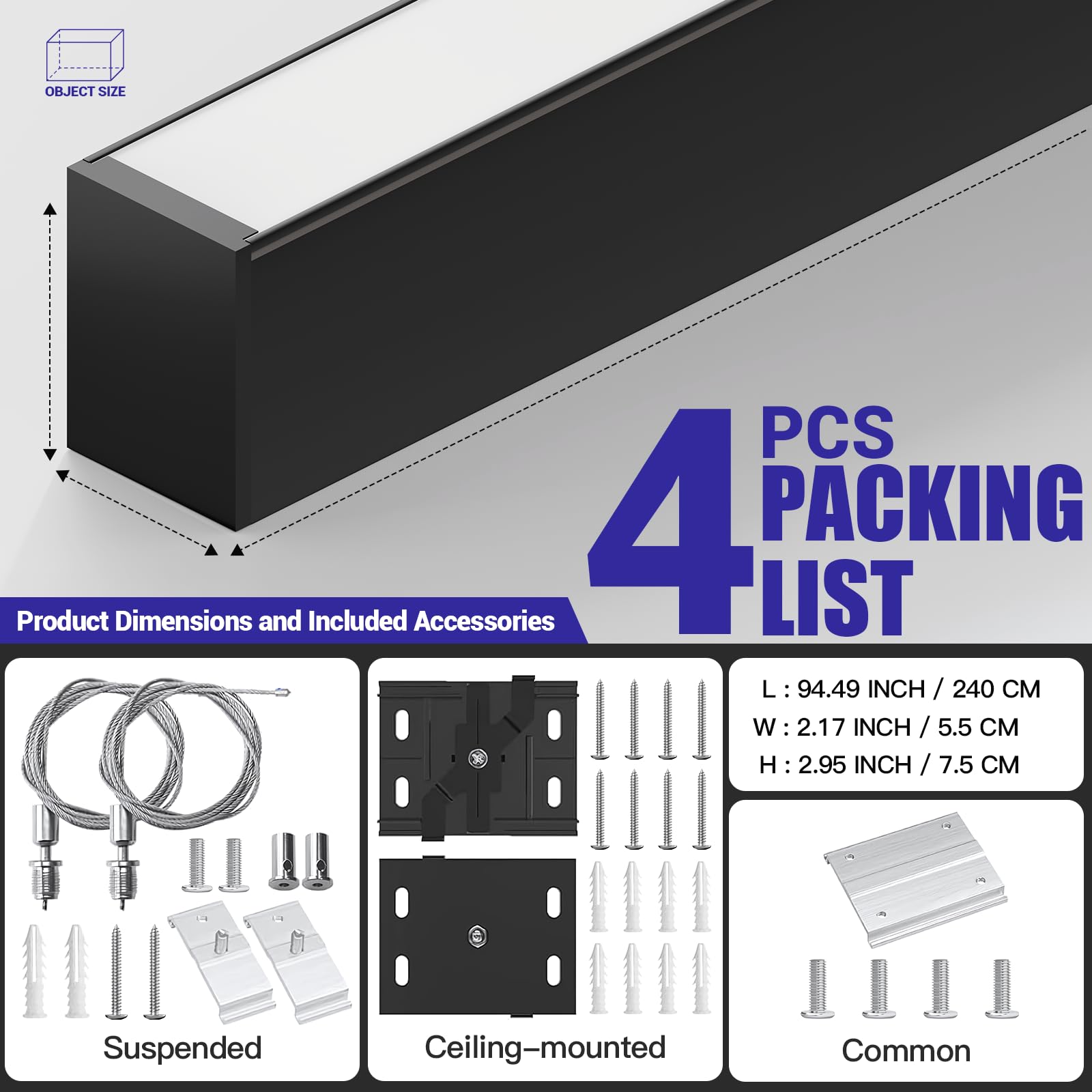JTT 8FT LED Linear Light Fixture, 60W 3CCT 3000K/4000K/5000K CCT Selectable, Linkable Office Shop Light Fixture, ETL Listed Dimmable Architectural LED Suspension Office Lighting Fixture-4 Pack - Image 5