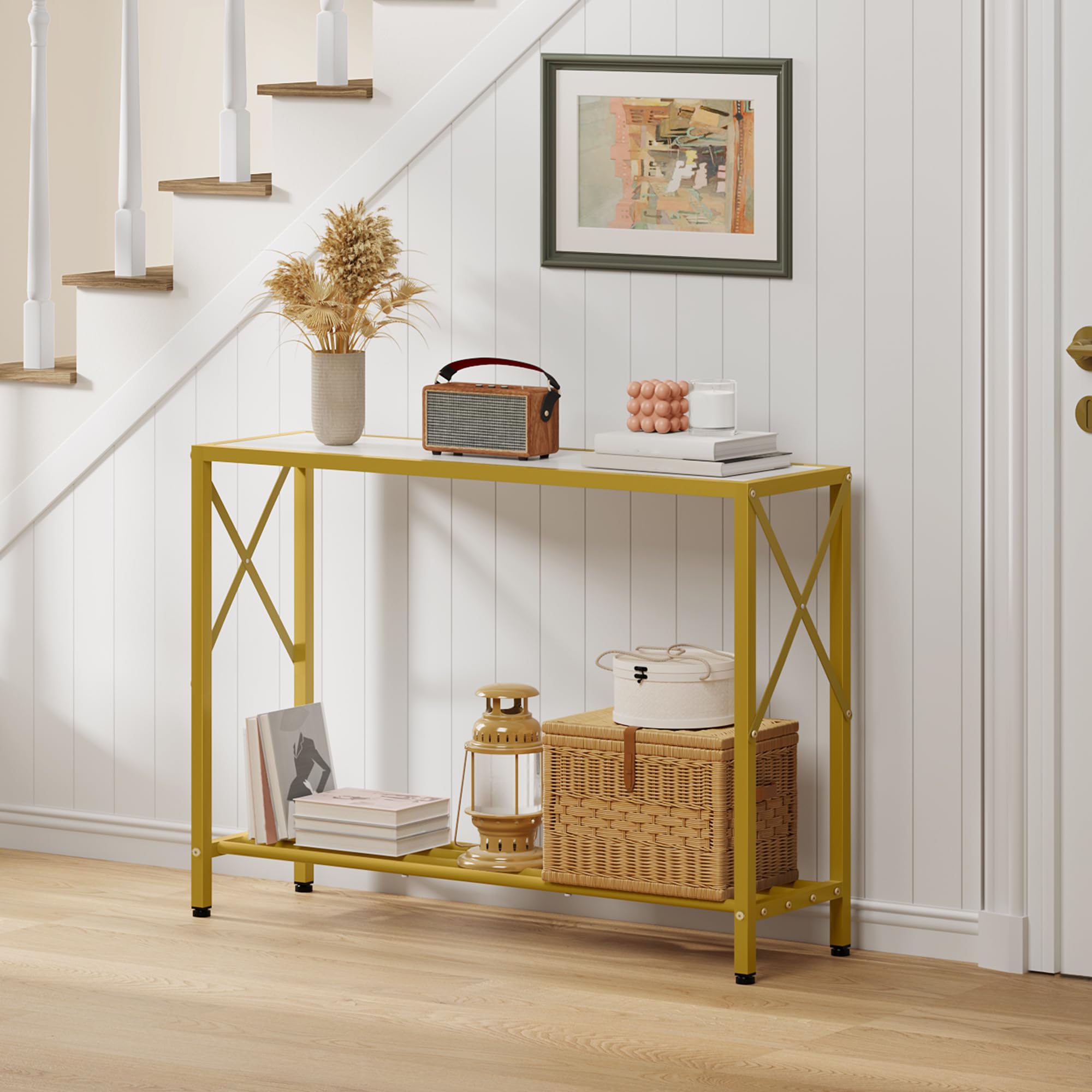 Stunning Gold White 2 Tier Entryway Console Table with Shelves 41.8 Inch Narrow Sofa Table - Image 2