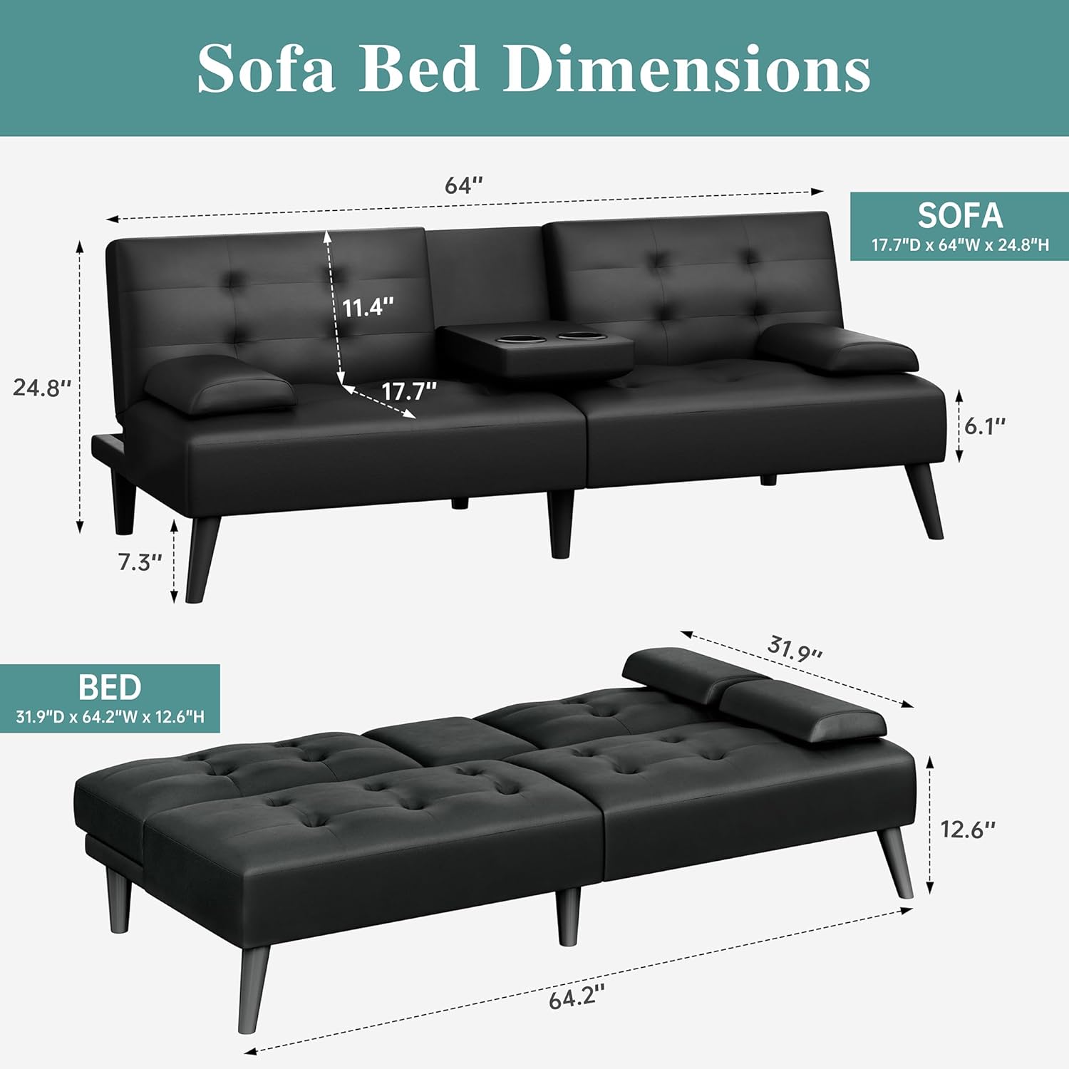 Modern Futon Sofa Bed Adjustable Sleeper Couch with Cup Holders - Image 7