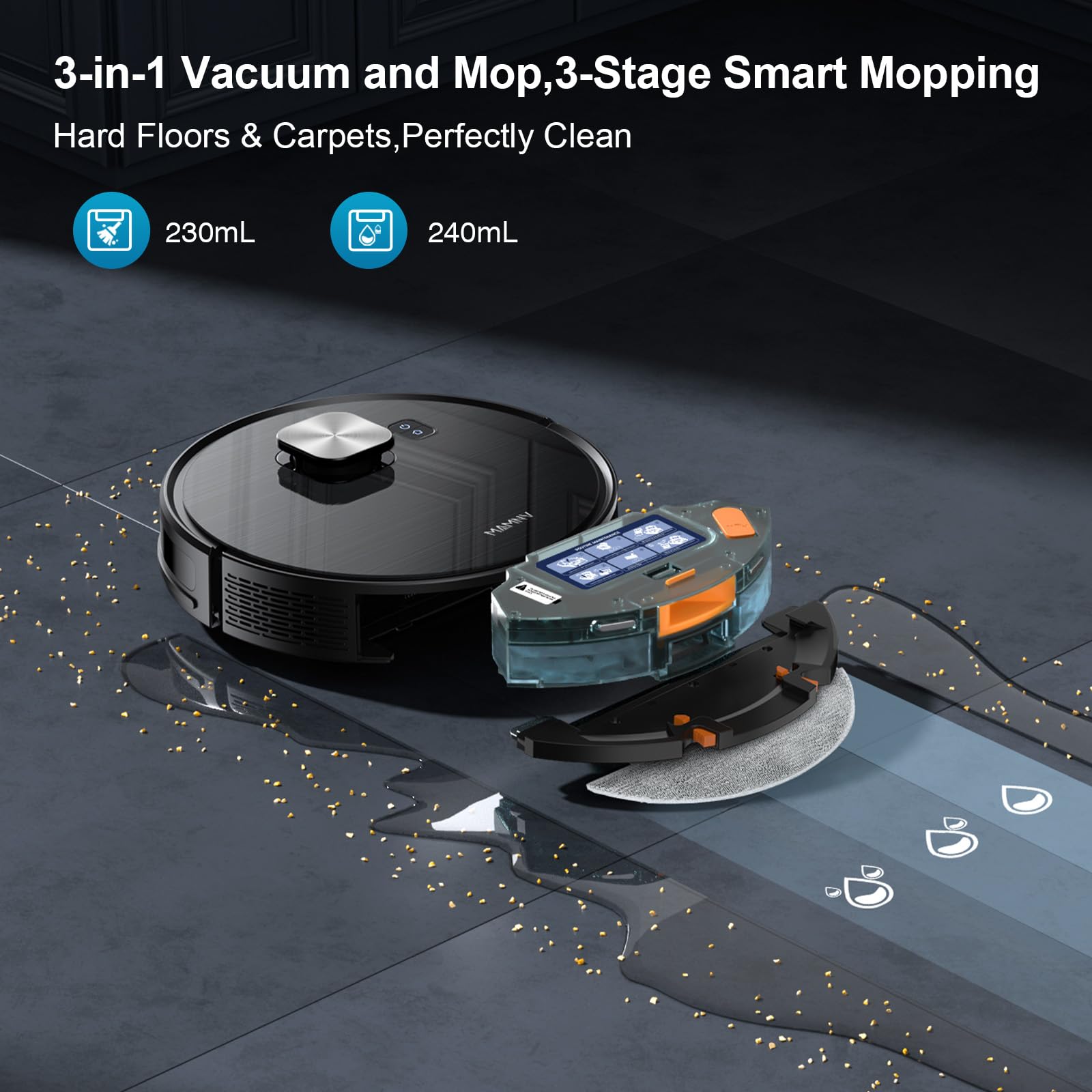 MAMNV Robot Vacuum and Mop, 11500 Pa Suction, 3-in-1 Robotic Vacuum with Smart LiDAR Navigation, 90 Day Self-Emptying,160 Min Runtime,App/Alexa/Voice Control, Ideal for Pet Hair, Carpet & Hard Floor - Image 3