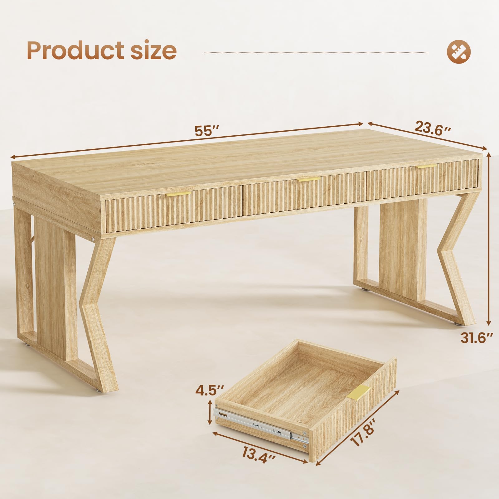 SEDETA 55" Executive Office Desk with 3 Drawers, Home Office Desk with Storage Drawers, Computer Writing Desk Study Table, Natural Oak - Image 7