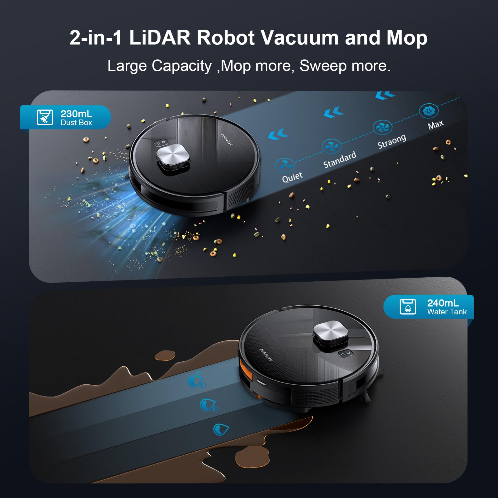 MAMNV Robot Vacuum and Mop, 11500 Pa Suction, 3-in-1 Robotic Vacuum with Smart LiDAR Navigation, 90 Day Self-Emptying,160 Min Runtime,App/Alexa/Voice Control, Ideal for Pet Hair, Carpet & Hard Floor - Image 8