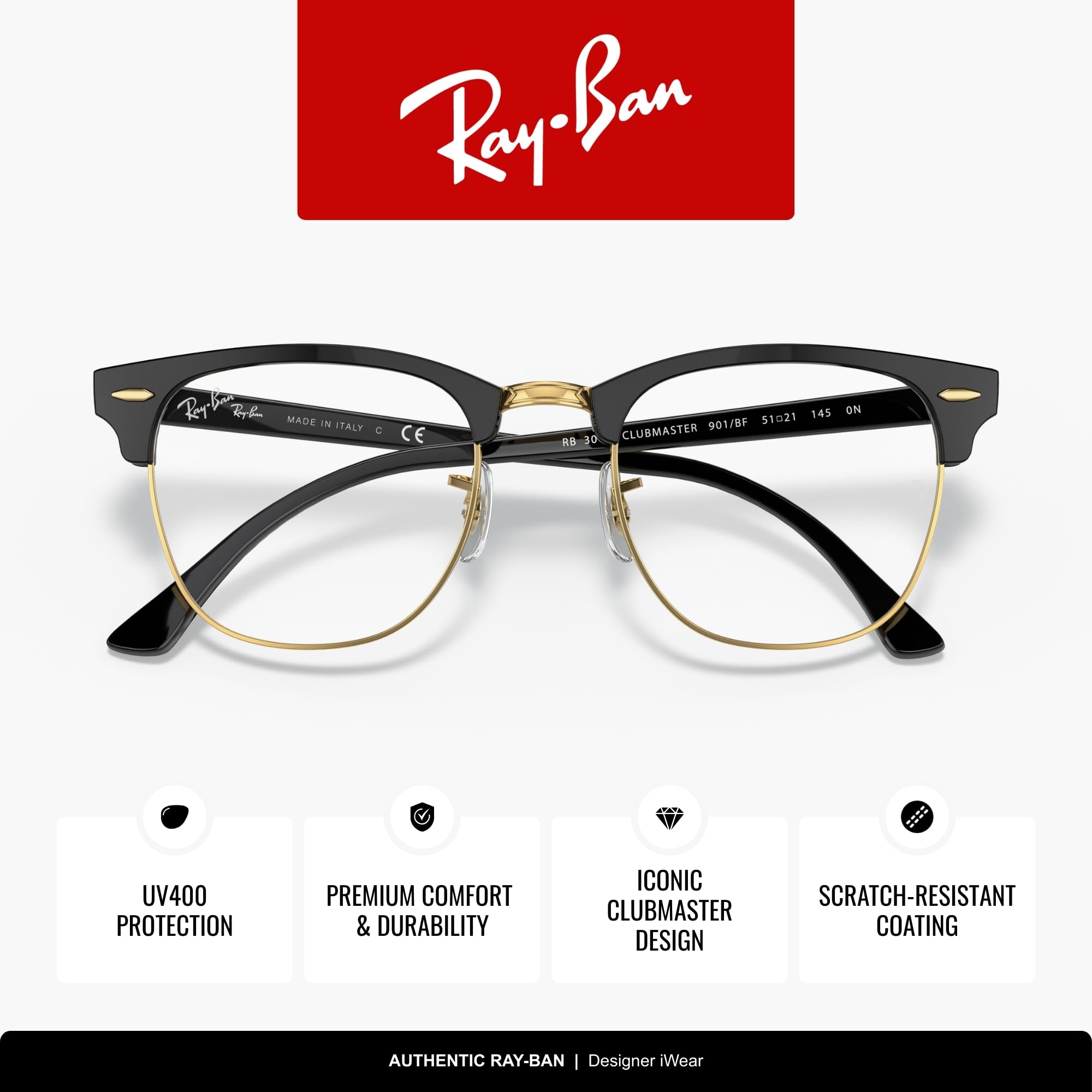 Ray-Ban Unisex RB3016 Clubmaster Square Sunglasses, Black/Clear Blue Light Filter, 51 mm - Image 6