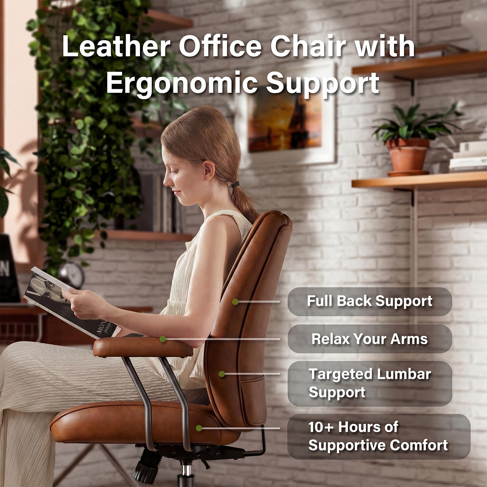 JULYMON Brown Leather Office Desk Chair with Quiet Rubber Wheels, Height Adjustable, Padded Arms, Vintage Mid Century Office Chair, Retro Style Desk Chair - Image 4