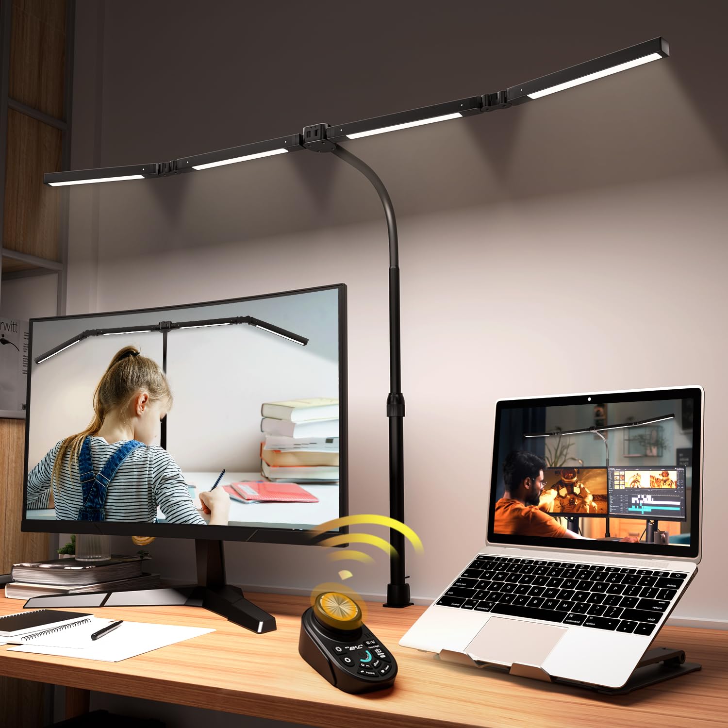 SANDROY VOLT Adjustable LED Desk Lamp – Stepless Dimming & Color Temp Remote Control, Eye-Caring 4 Large Light Souce, Flexible Neck, Clamp, 5 Lighting Modes for Reading, Computer, DIY (Black)