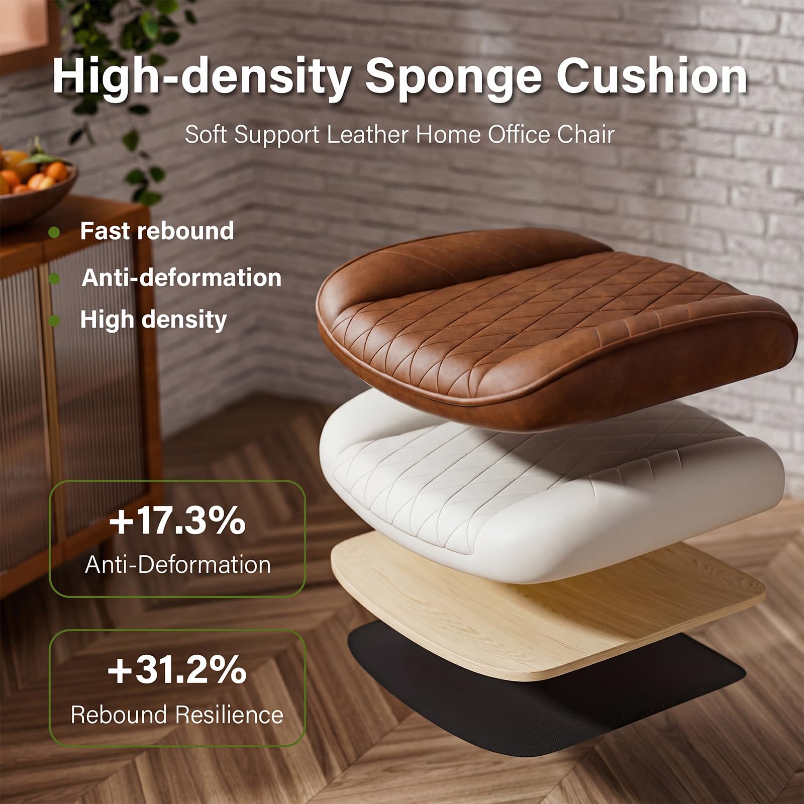 JULYMON Brown Leather Office Desk Chair with Quiet Rubber Wheels, Height Adjustable, Padded Arms, Vintage Mid Century Office Chair, Retro Style Desk Chair - Image 6