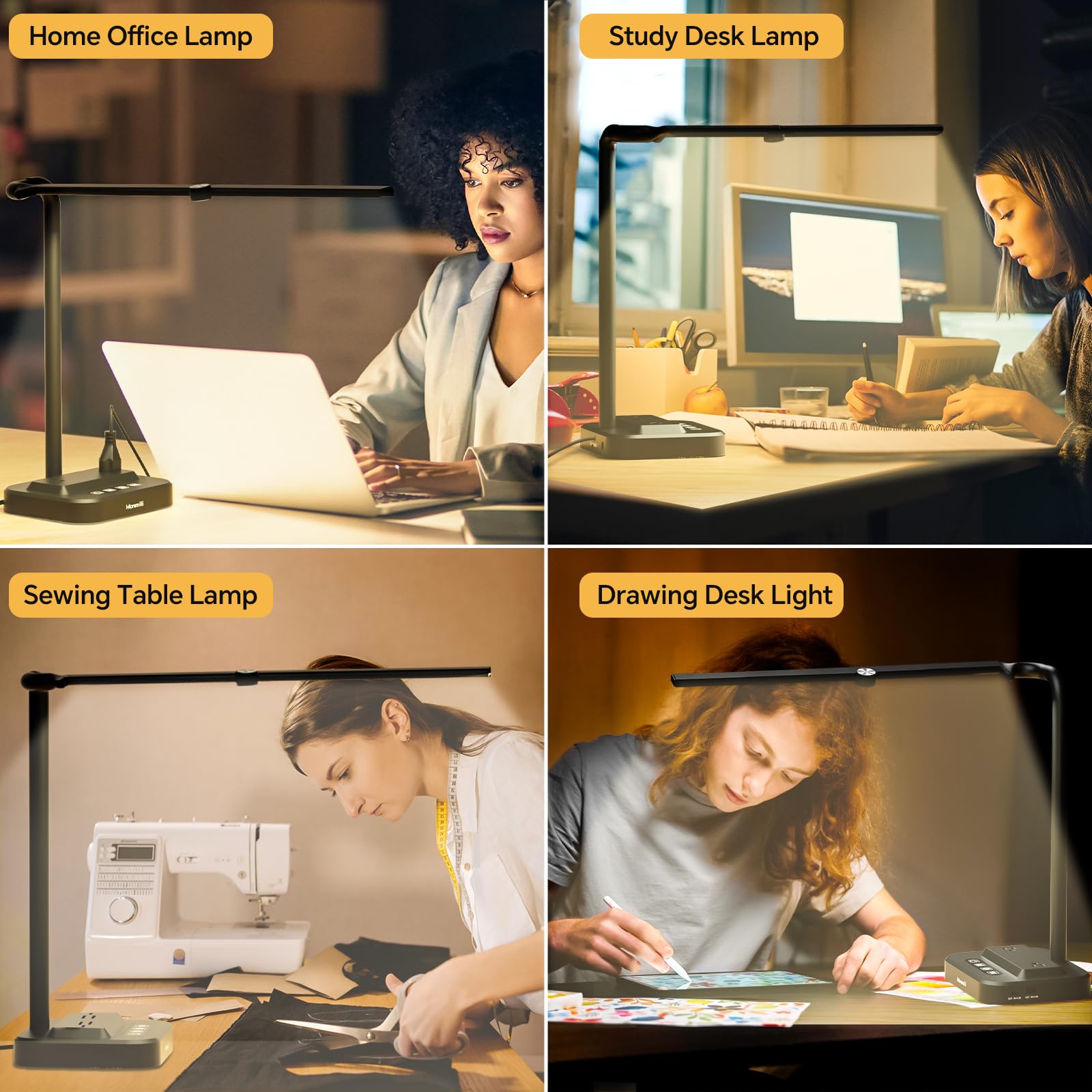 LED Desk Lamp for Home Office: Desk Light Double Head Adjustable with Power Strip 2 AC Outlets, USB-C USB-A Charging Ports Surge Protection, Foldable Table Lamp for College Dorm Room Essentials - Image 2