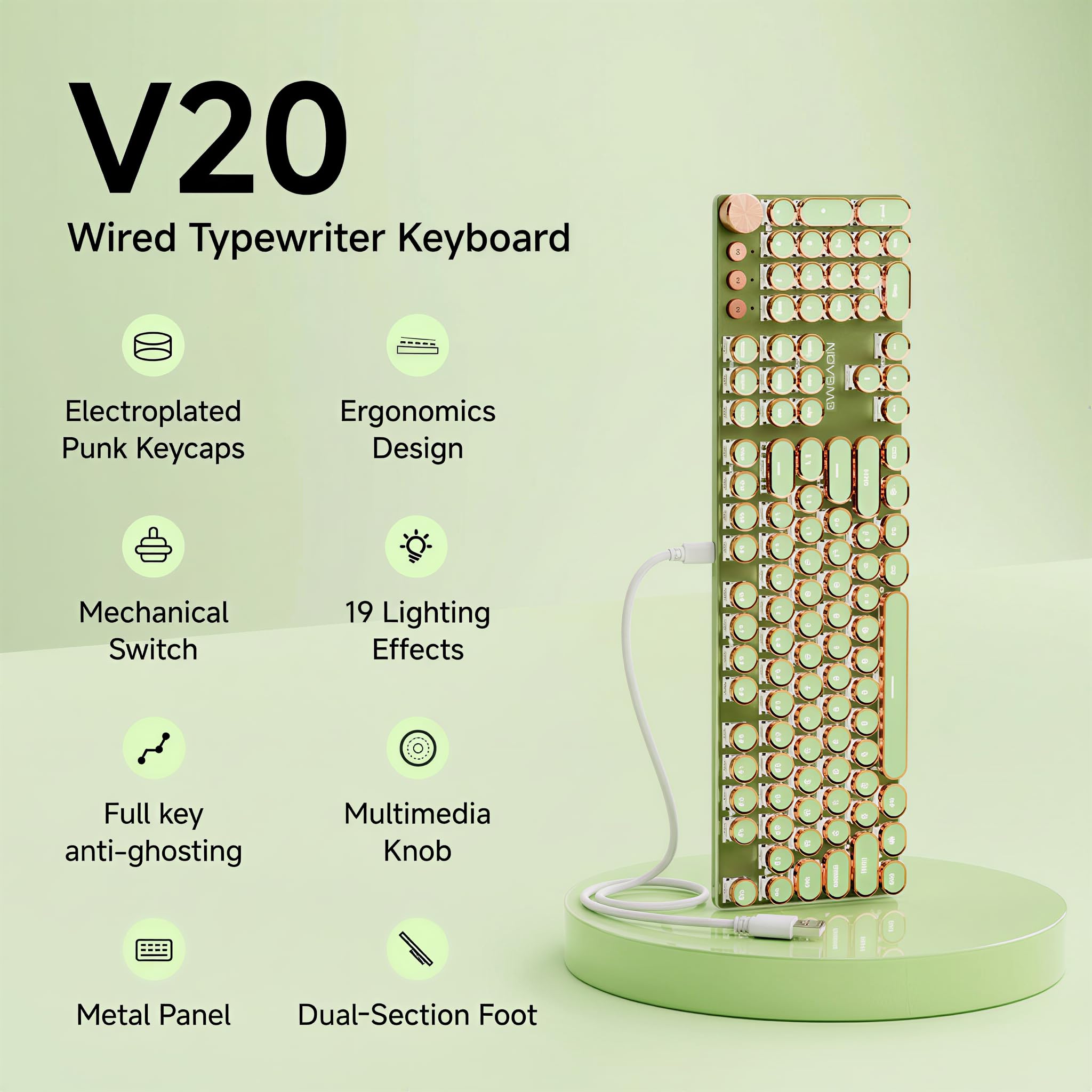 SEUNKWANG EWEADN Typewriter Style Mechanical Keyboard, Wired Typewriter Keyboards,104 Keys Backlit LED Metal Keyboards, Media Control Knob, Wired Computer Keyboard Pink Switch for Windows/PC-Green - Image 7