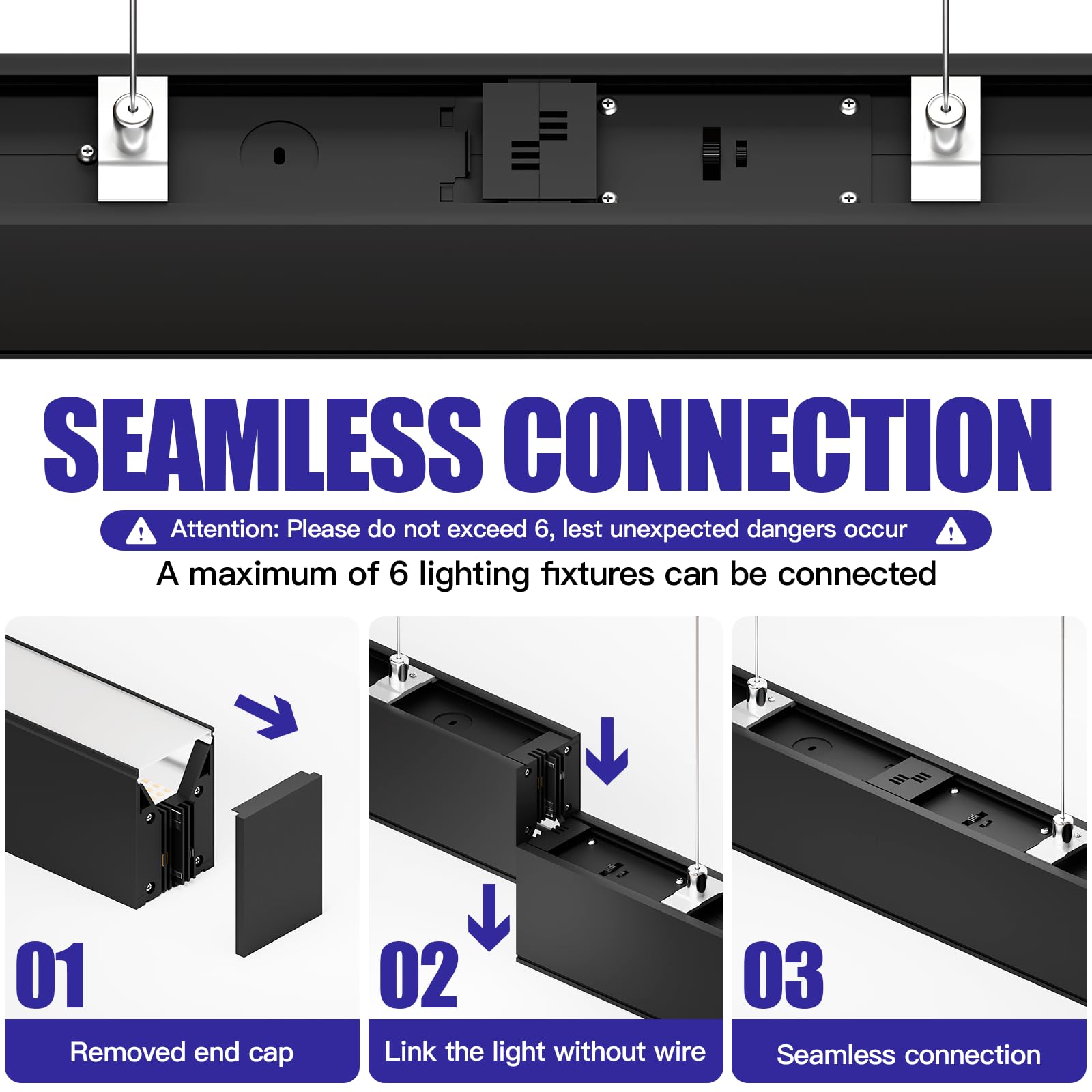 JTT 8FT LED Linear Light Fixture, 60W 3CCT 3000K/4000K/5000K CCT Selectable, Linkable Office Shop Light Fixture, ETL Listed Dimmable Architectural LED Suspension Office Lighting Fixture-4 Pack - Image 3