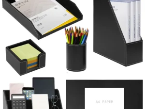 XNONE Office Supplies PU Leather 6-Piece Set Desk Organizer,Include Writing Pad,Letter Tray,file folder Sorter/Magazine Holder,Pen Cup,Note Holder,Business Card Holder,Man/Woman Office Gift,Black