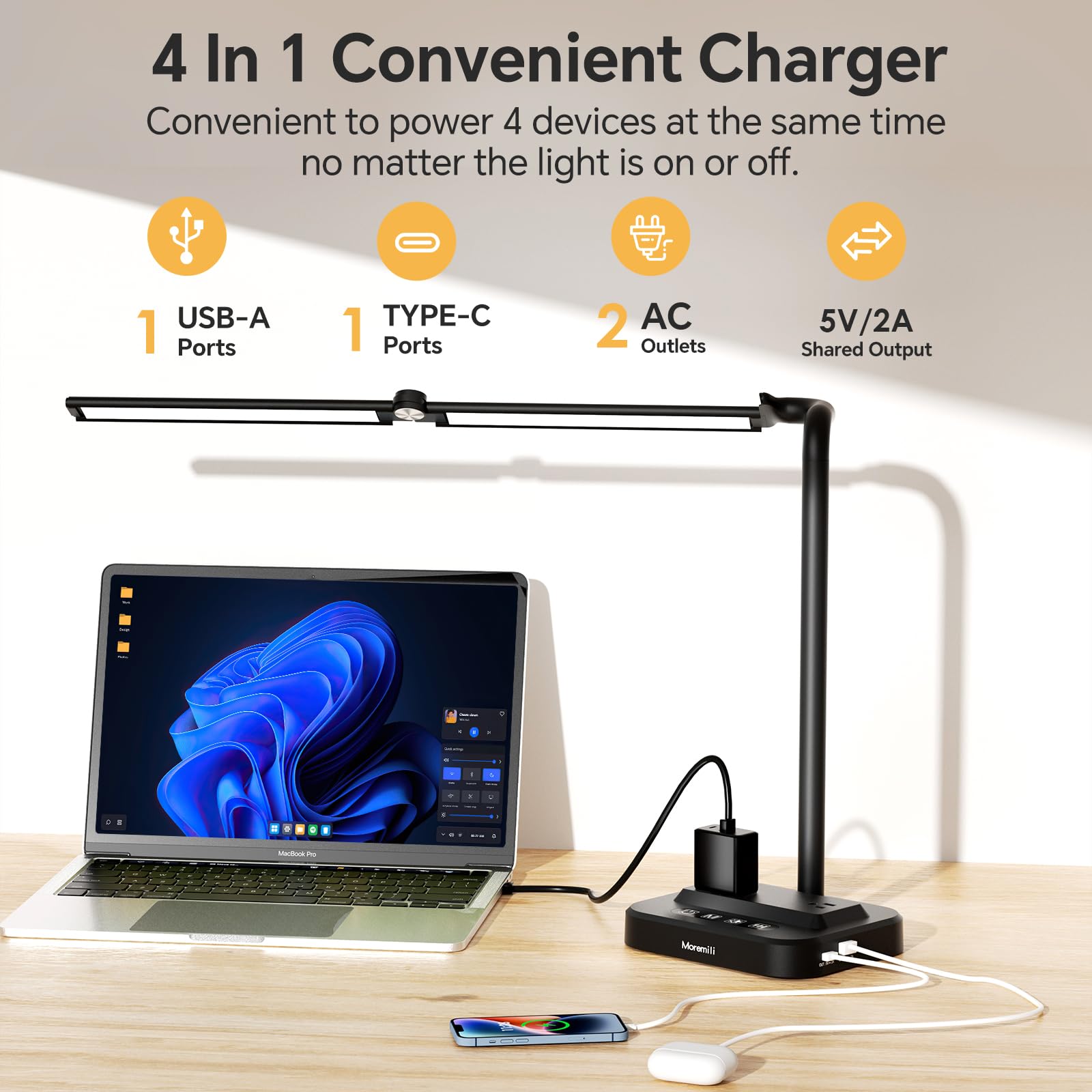 LED Desk Lamp for Home Office: Desk Light Double Head Adjustable with Power Strip 2 AC Outlets, USB-C USB-A Charging Ports Surge Protection, Foldable Table Lamp for College Dorm Room Essentials - Image 9