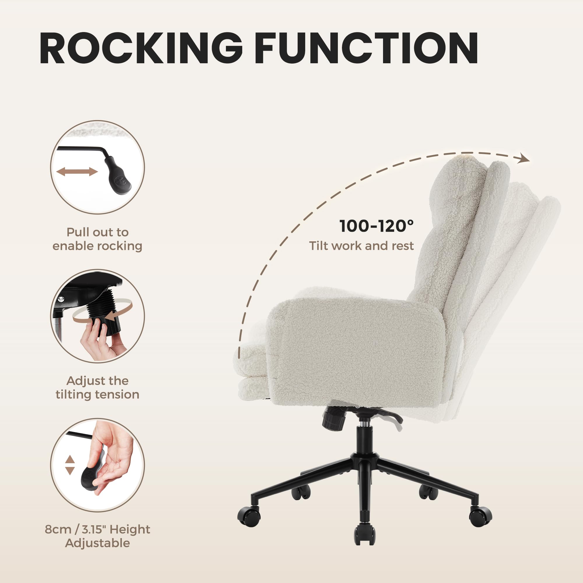 IWMH High-Back Home Office Chair,Upholstered Desk Chair with Armrests,Height Adjustable Armchair with Wheels, Swivel Office Desk Chair, Ergonomic Computer Task Chair, Leisure Armchair Cashmere(White) - Image 6