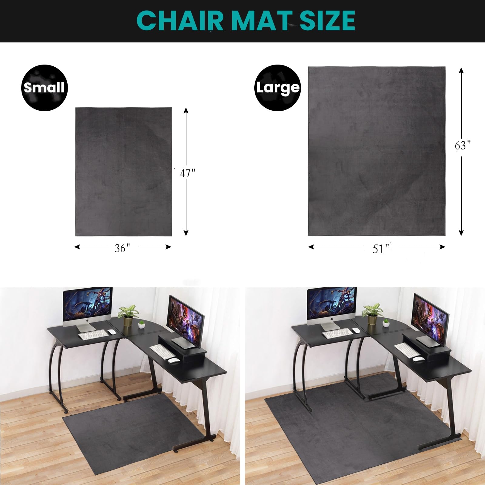 QQpony 63"x51" Office Chair Mat for Hardwood Floor, Flannel Fabric Desk Rug for Hard Surface, Protector Floor Mat for Home Office (Grey) - Image 9