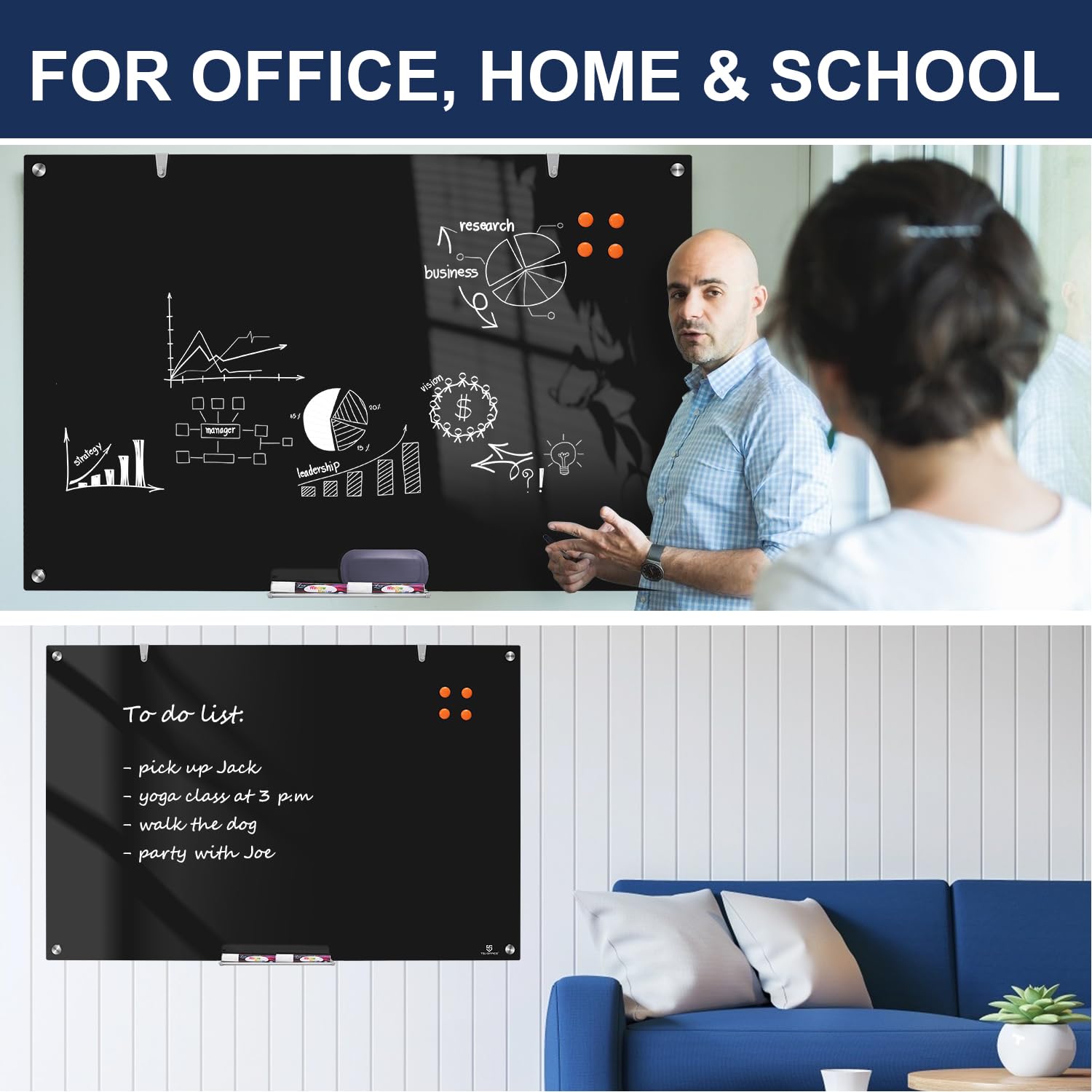 TSJ OFFICE Glass Dry-Erase Board - 36 x 24 Inches Wall Mounted Black Glass Magnetic Whiteboard, Frameless Large White Board for Office, Home & School - Image 7