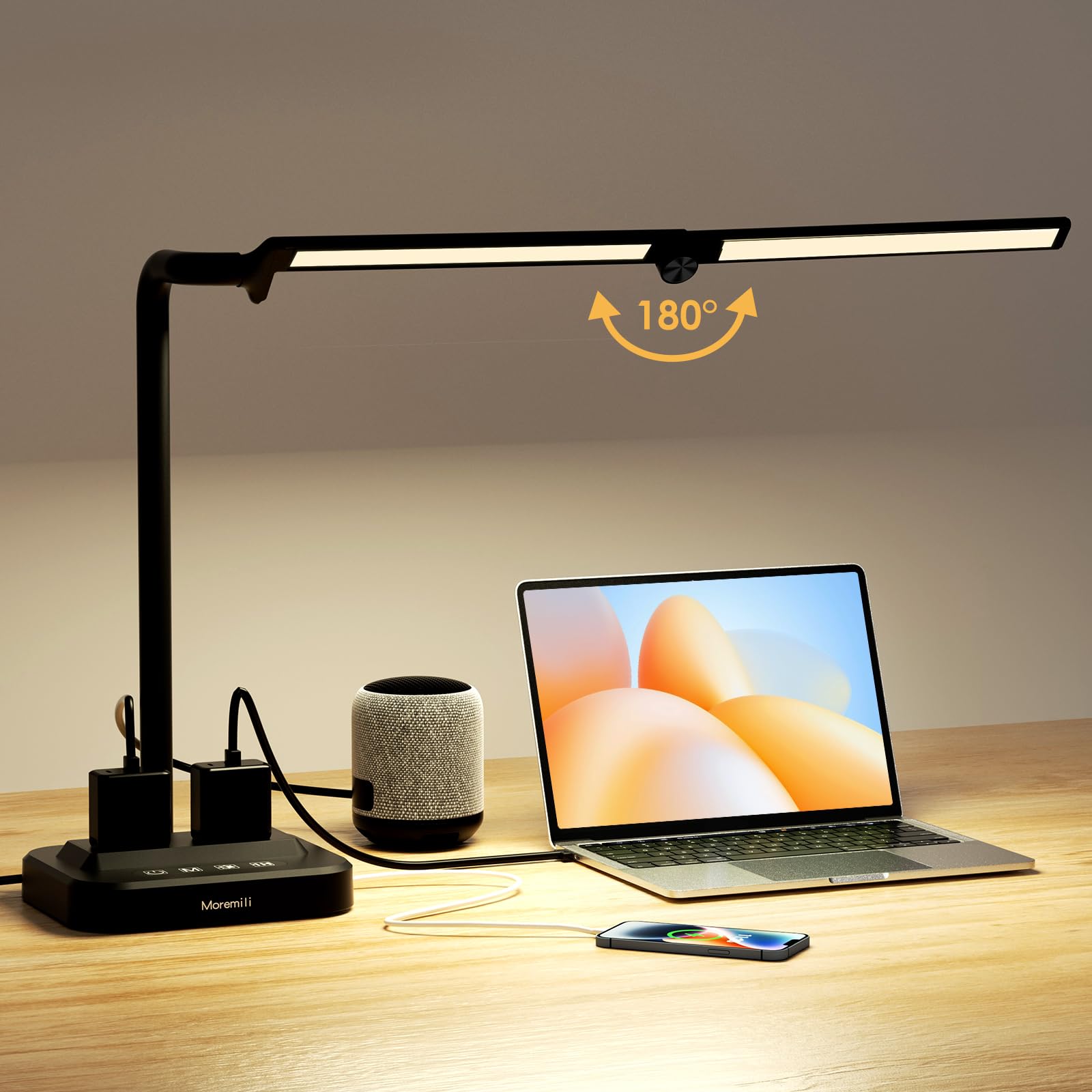 LED Desk Lamp for Home Office: Desk Light Double Head Adjustable with Power Strip 2 AC Outlets, USB-C USB-A Charging Ports Surge Protection, Foldable Table Lamp for College Dorm Room Essentials - Image 8