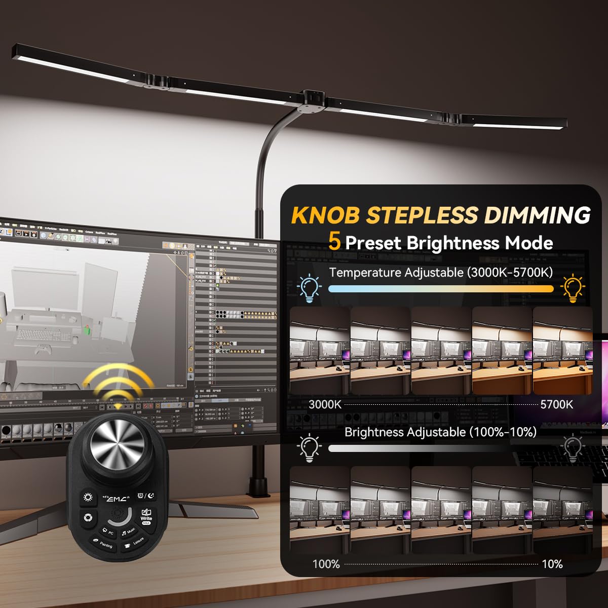 SANDROY VOLT Adjustable LED Desk Lamp – Stepless Dimming & Color Temp Remote Control, Eye-Caring 4 Large Light Souce, Flexible Neck, Clamp, 5 Lighting Modes for Reading, Computer, DIY (Black) - Image 7