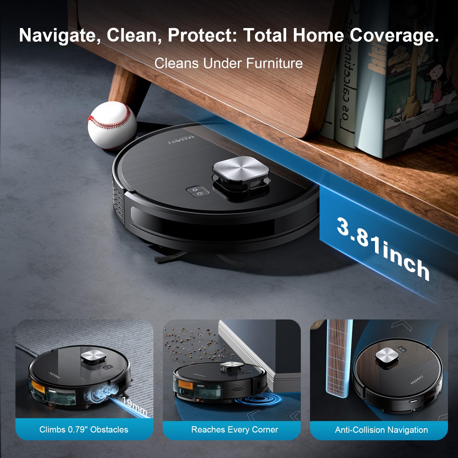MAMNV Robot Vacuum and Mop, 11500 Pa Suction, 3-in-1 Robotic Vacuum with Smart LiDAR Navigation, 90 Day Self-Emptying,160 Min Runtime,App/Alexa/Voice Control, Ideal for Pet Hair, Carpet & Hard Floor - Image 4