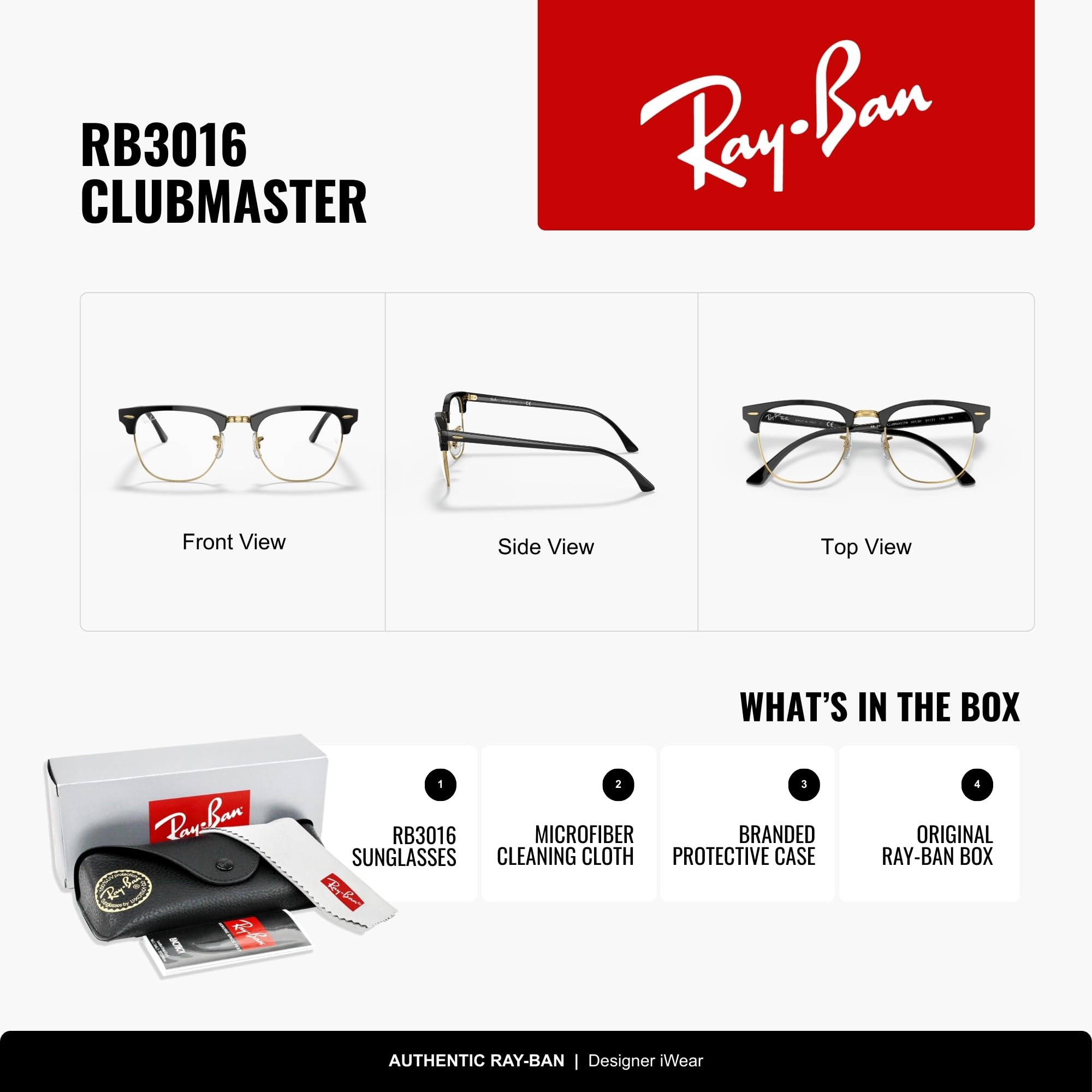 Ray-Ban Unisex RB3016 Clubmaster Square Sunglasses, Black/Clear Blue Light Filter, 51 mm - Image 7