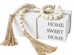 Decorative Books for Home Decor, White Faux Books for Decoration, Rustic Farmhouse Stacked Display Books with 52in Wood Bead Garland for Coffee Tables Living Room, (Home Sweet Home)