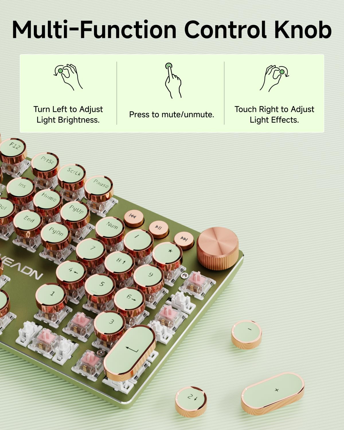 SEUNKWANG EWEADN Typewriter Style Mechanical Keyboard, Wired Typewriter Keyboards,104 Keys Backlit LED Metal Keyboards, Media Control Knob, Wired Computer Keyboard Pink Switch for Windows/PC-Green - Image 3