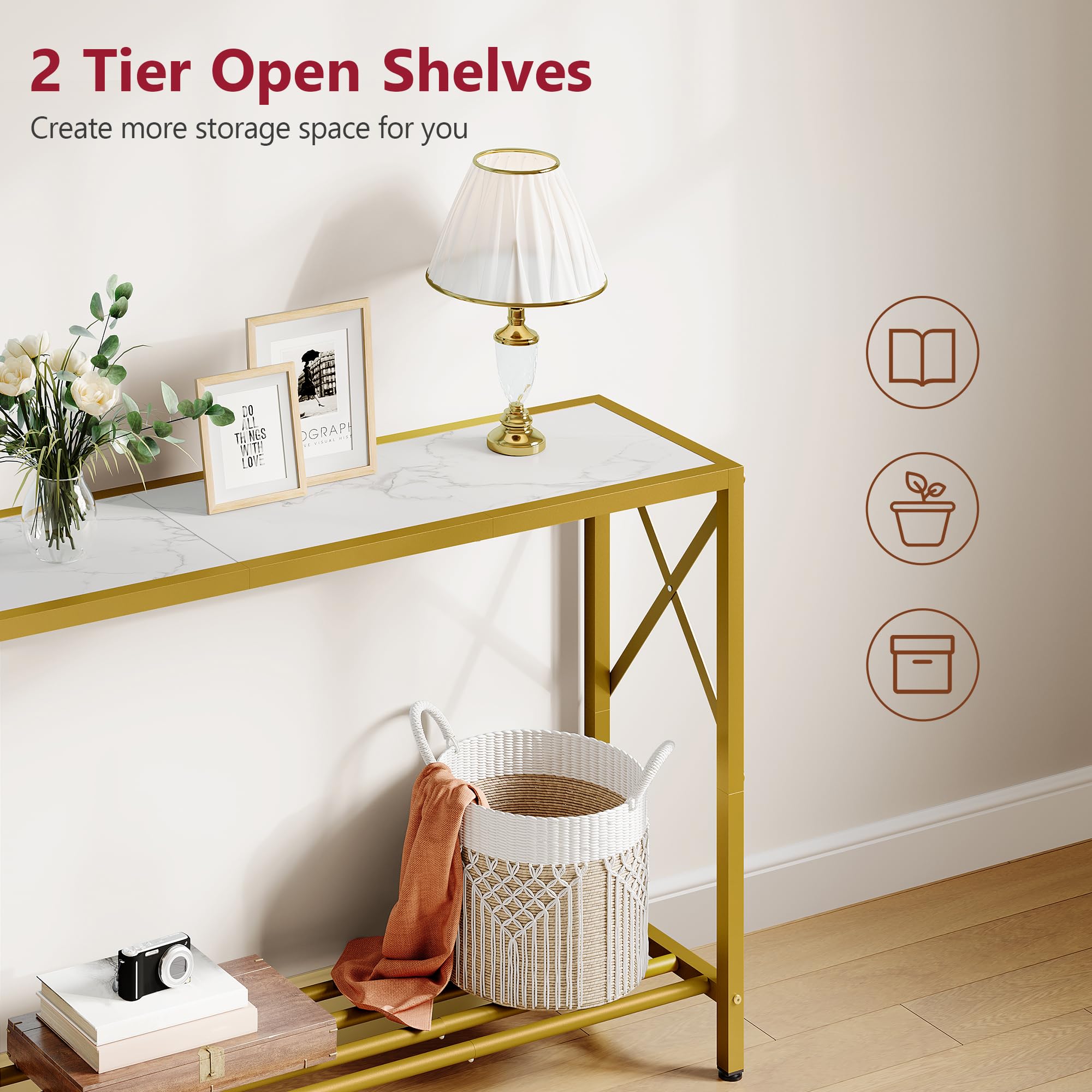 Stunning Gold White 2 Tier Entryway Console Table with Shelves 41.8 Inch Narrow Sofa Table - Image 5